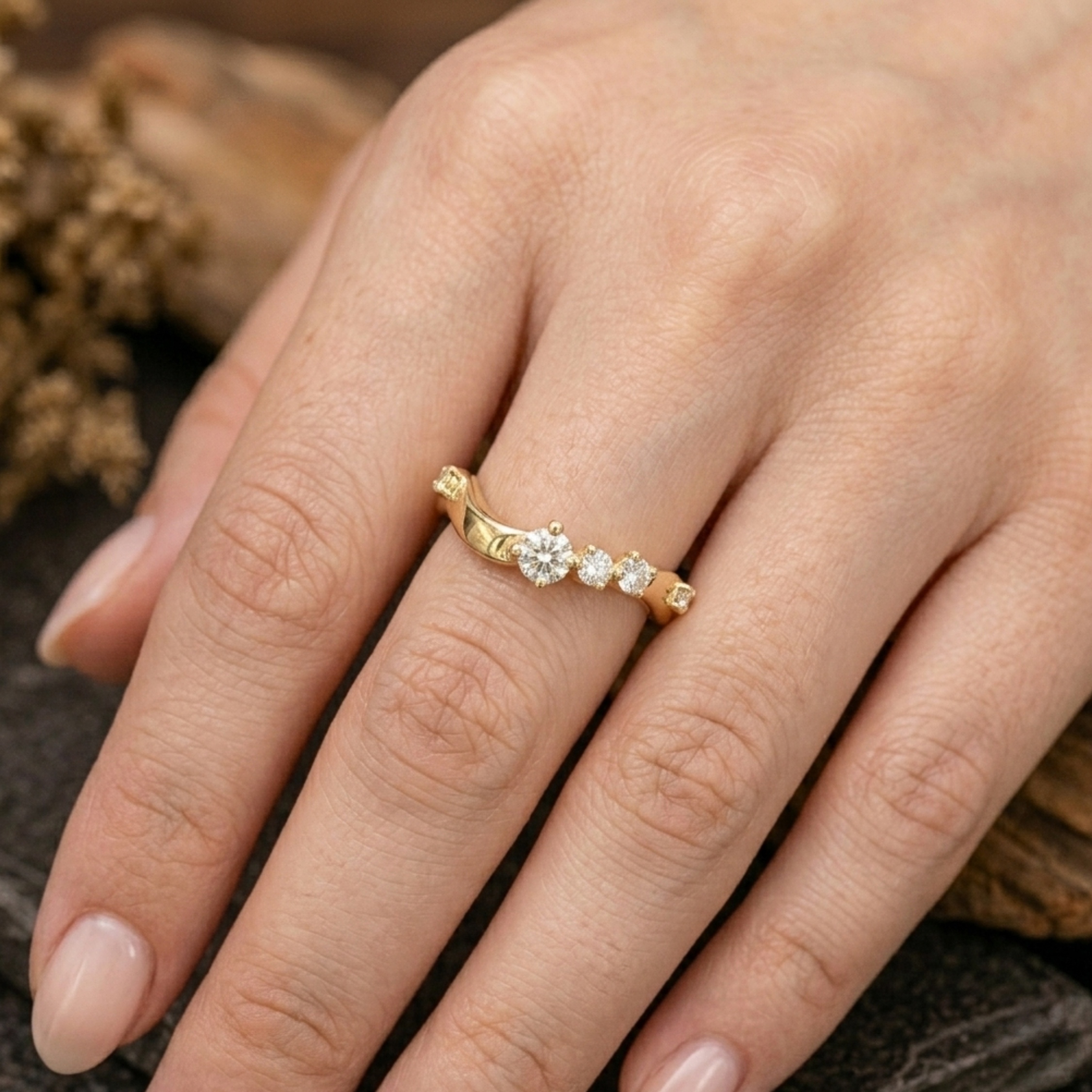 Vintage Round Cut Diamond Band/Yellow Gold Minimalist Engagement Ring/Matching Wedding Band/French Pave Moissanite Ring/Antique Luxury Gift