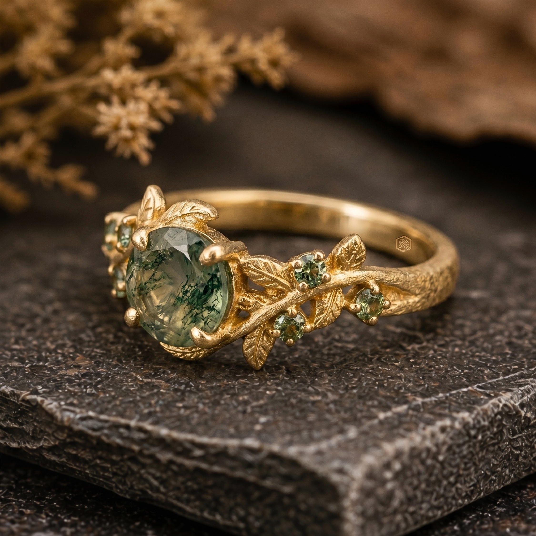14K Solid Gold Nature Inspired Moss Agate Ring, Vintage Leaf Design Engagement Ring, Delicate Green Agate Wedding Ring, Promise Gift For Her