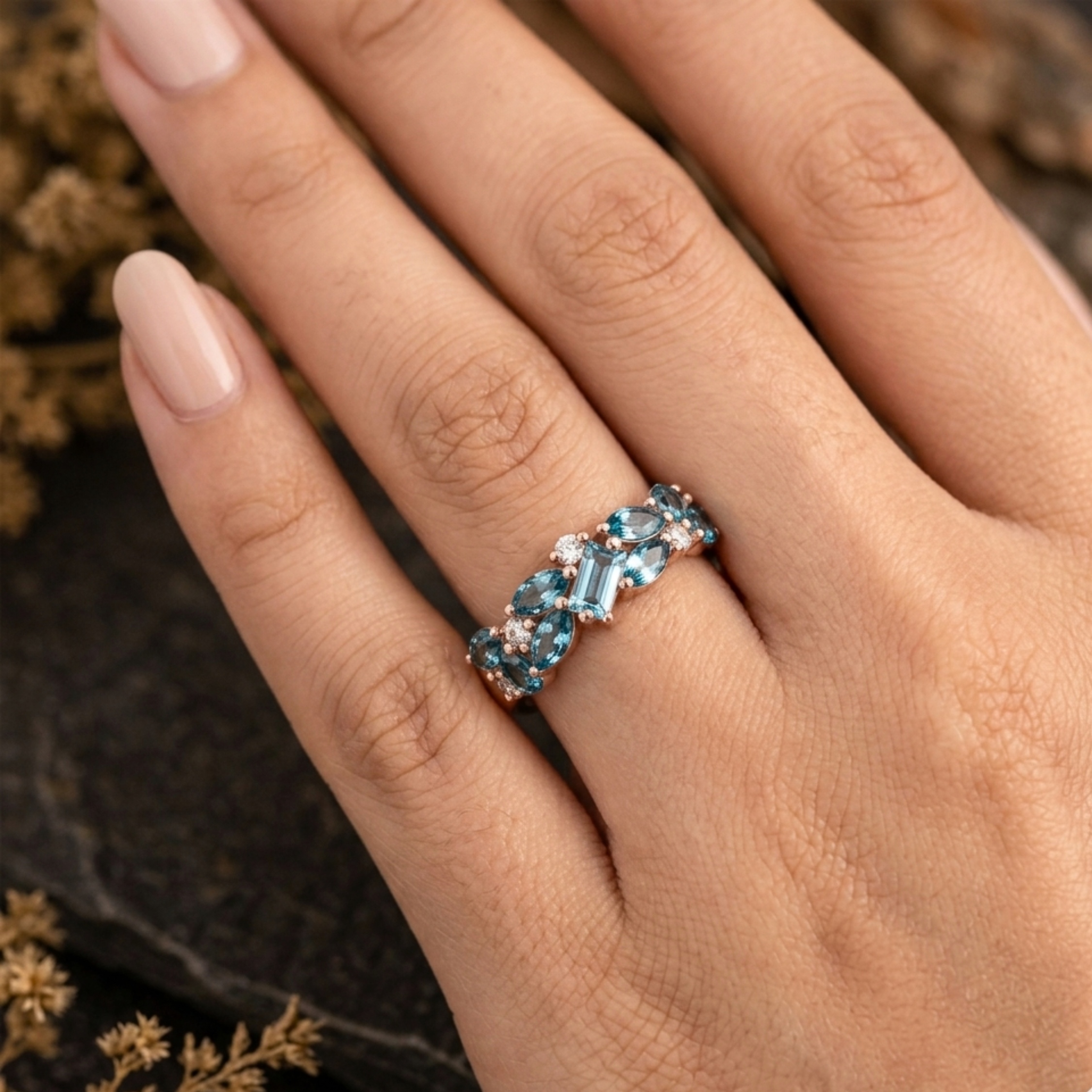 Marquise Cut Teal Sapphire Eternity Wedding Band 14k Gold Baguette Cut Moissanite Cluster Matching Engagement Ring, Anniversary Promise Gift