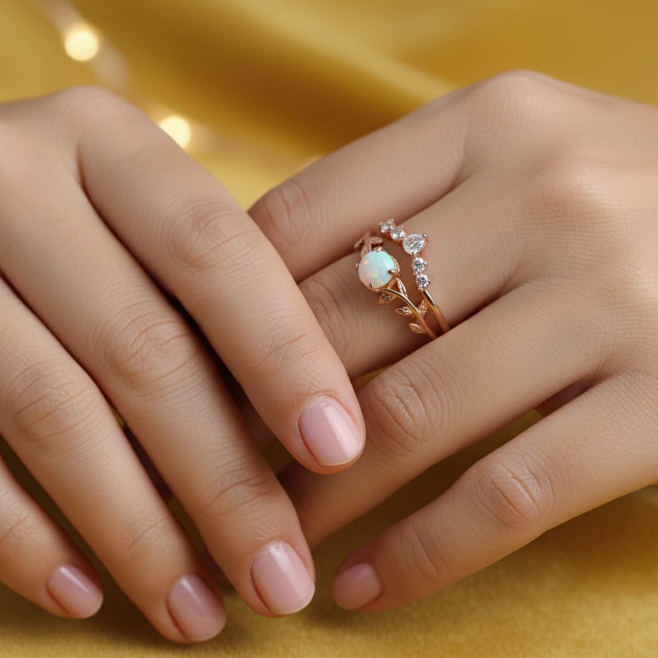 Vintage Opal Engagement Ring, 14K Rose Gold Round Opal Wedding Ring Set, Unique White Opal Promise Ring October Birthstone Ring Gift For Her