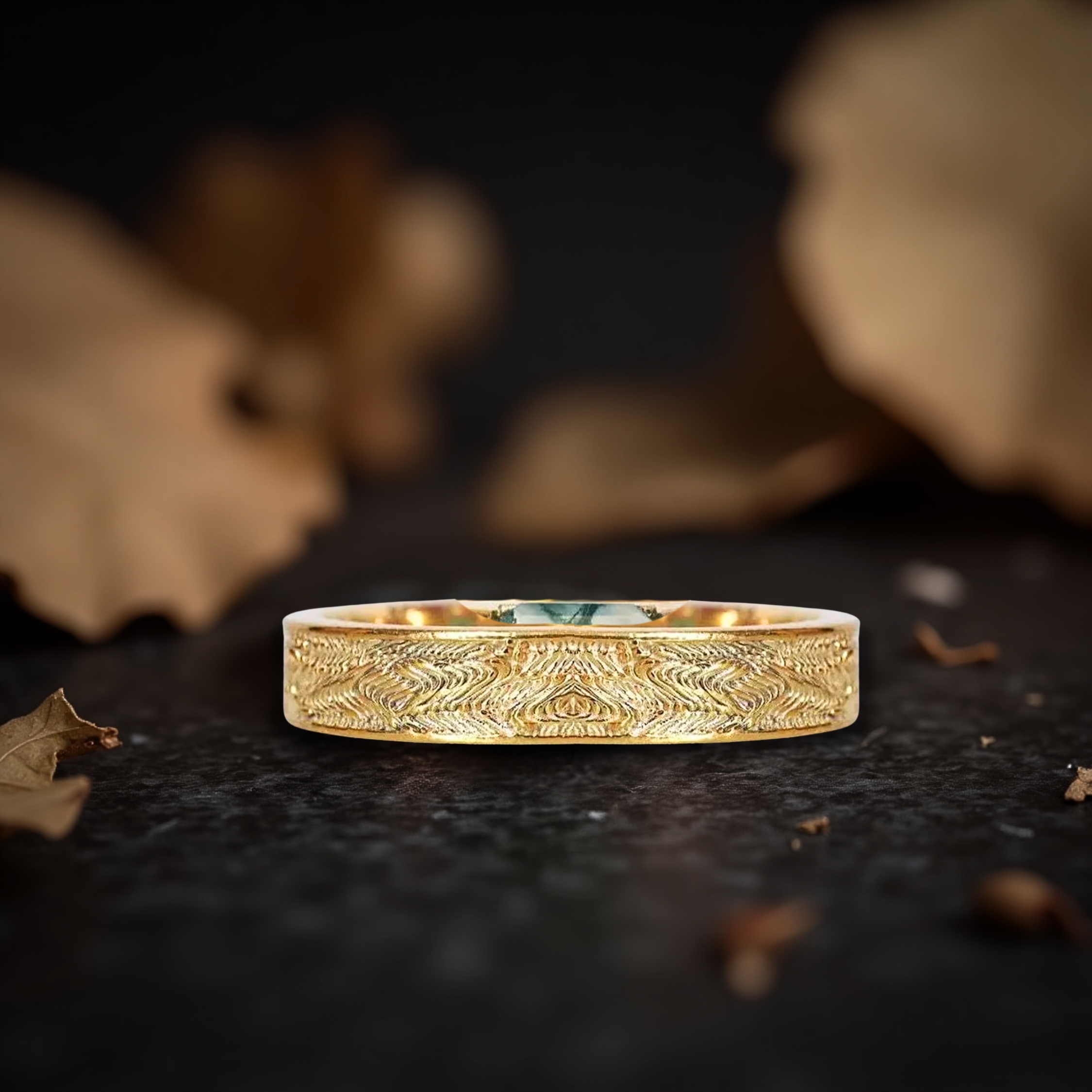 Handmade Emerald Cut Moss Agate Wedding Band, 14k Solid Gold Nature Inspired Leaf Design Ring