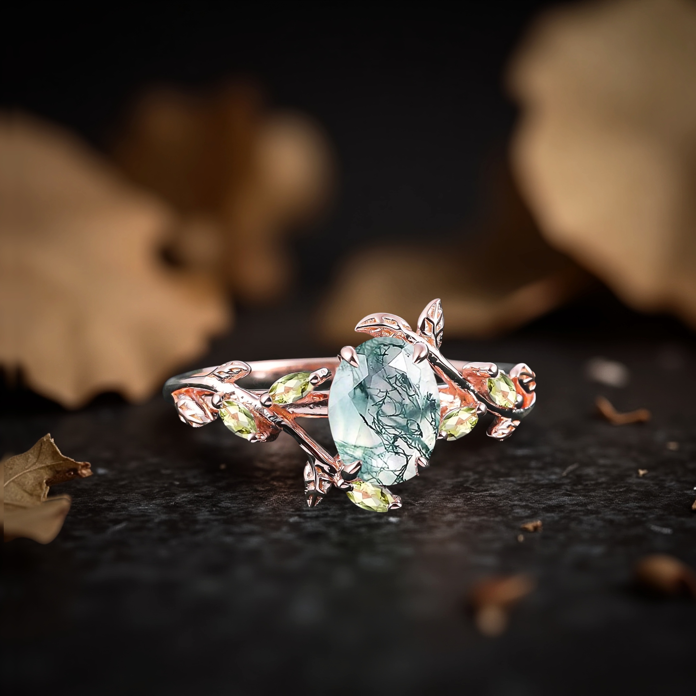 Natural Oval Moss Agate Engagement Ring, 14k Yellow Gold Nature Inspired Leaf Ring, Bridal Jewelry, Anniversary Gift For Women