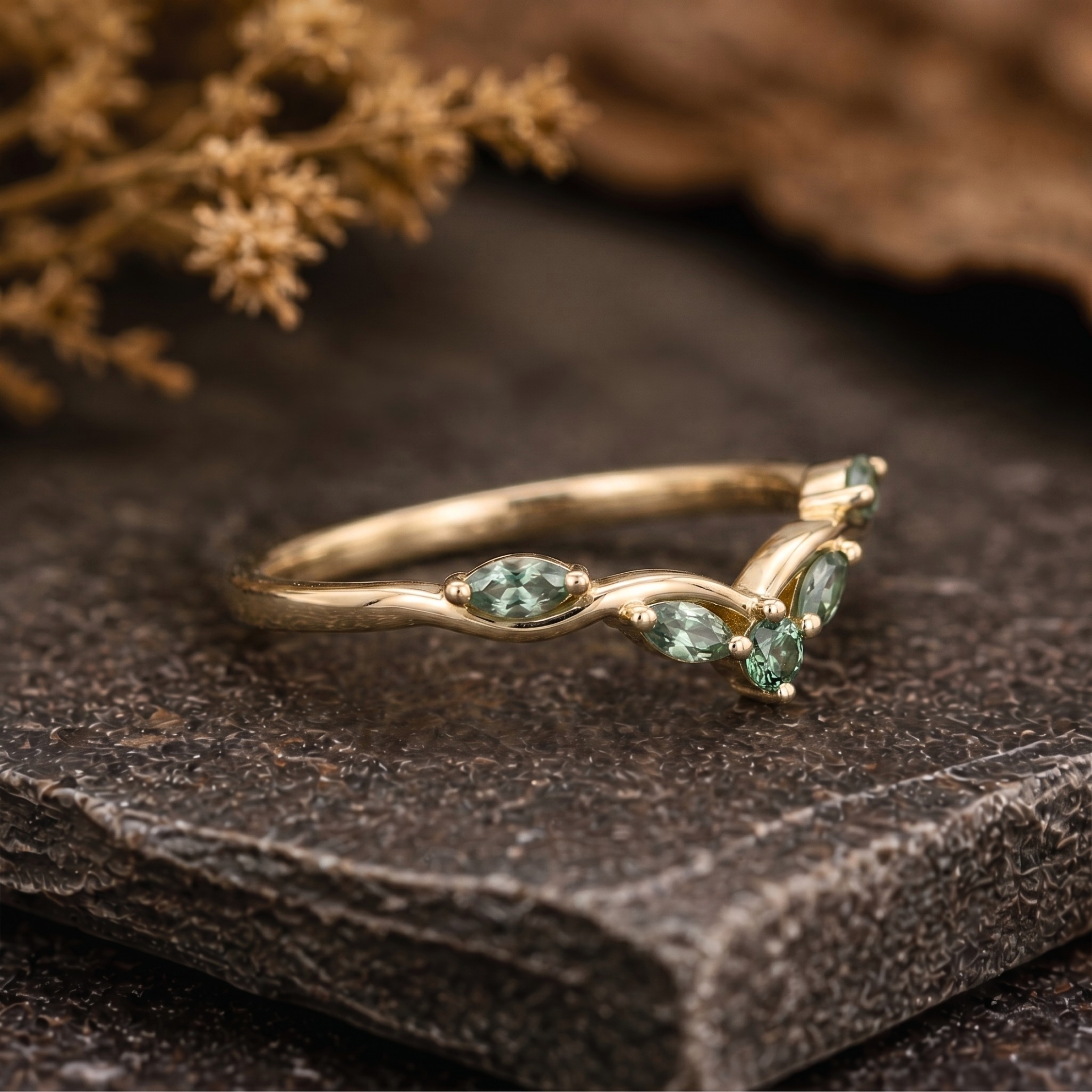 Marquise Cut Green Sapphire Curved Wedding Band/14k Yellow Gold Engagement Ring/Cluster Teal sapphire Matching ring/Anniversary Promise ring