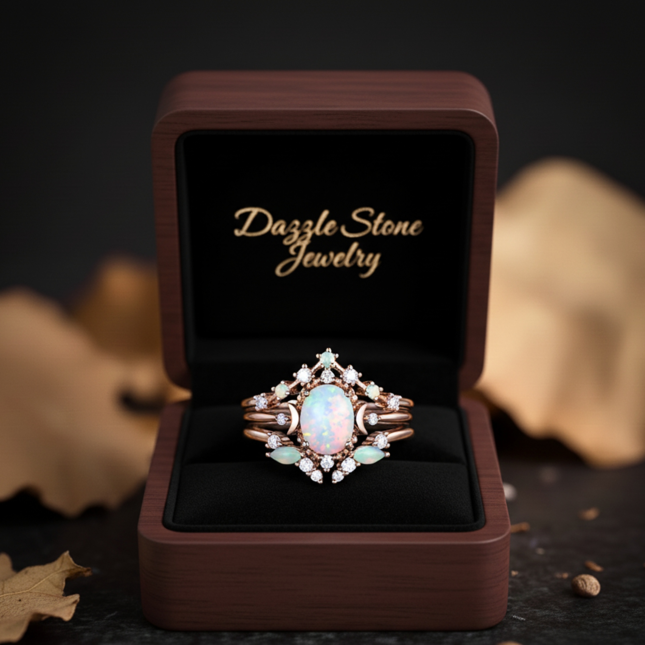 Opal Oval Cut Engagement Ring Set, Vintage Opal Wedding 3 Piece Ring, Woman Celestial Bridal Set Rose Gold Moon Ring Gift Personalized Gift