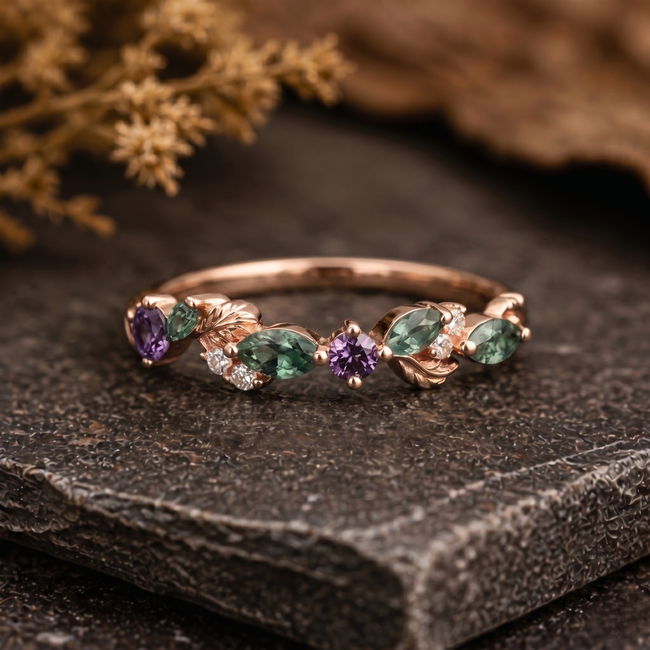 Marquise Emerald Wedding band, 14K Gold 3 Stone Alexandrite Moissanite Engagement Band, Dainty Leaf Promise ring, Anniversary Birthday Gifts