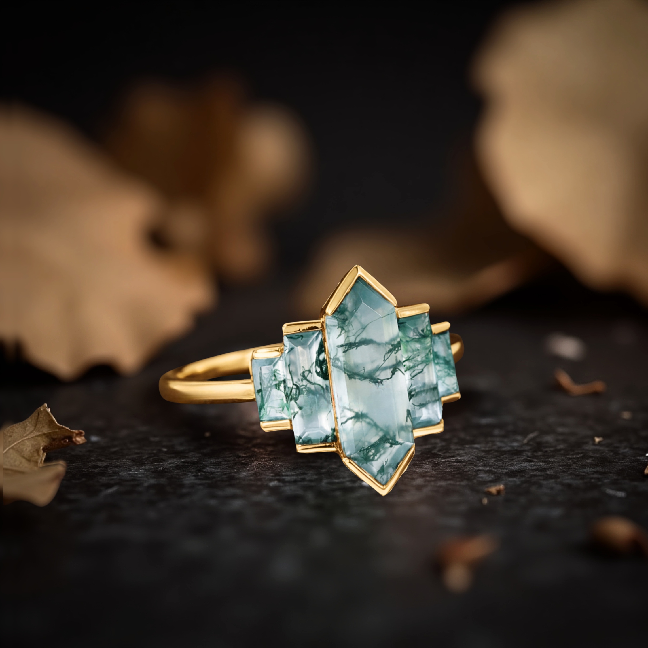 Vintage Long Hexagon Moss Agate Ring, 14K Solid Gold Green Gemstone Wedding Ring, Bridal Jewelrsign with crescent moon and diamond accents.