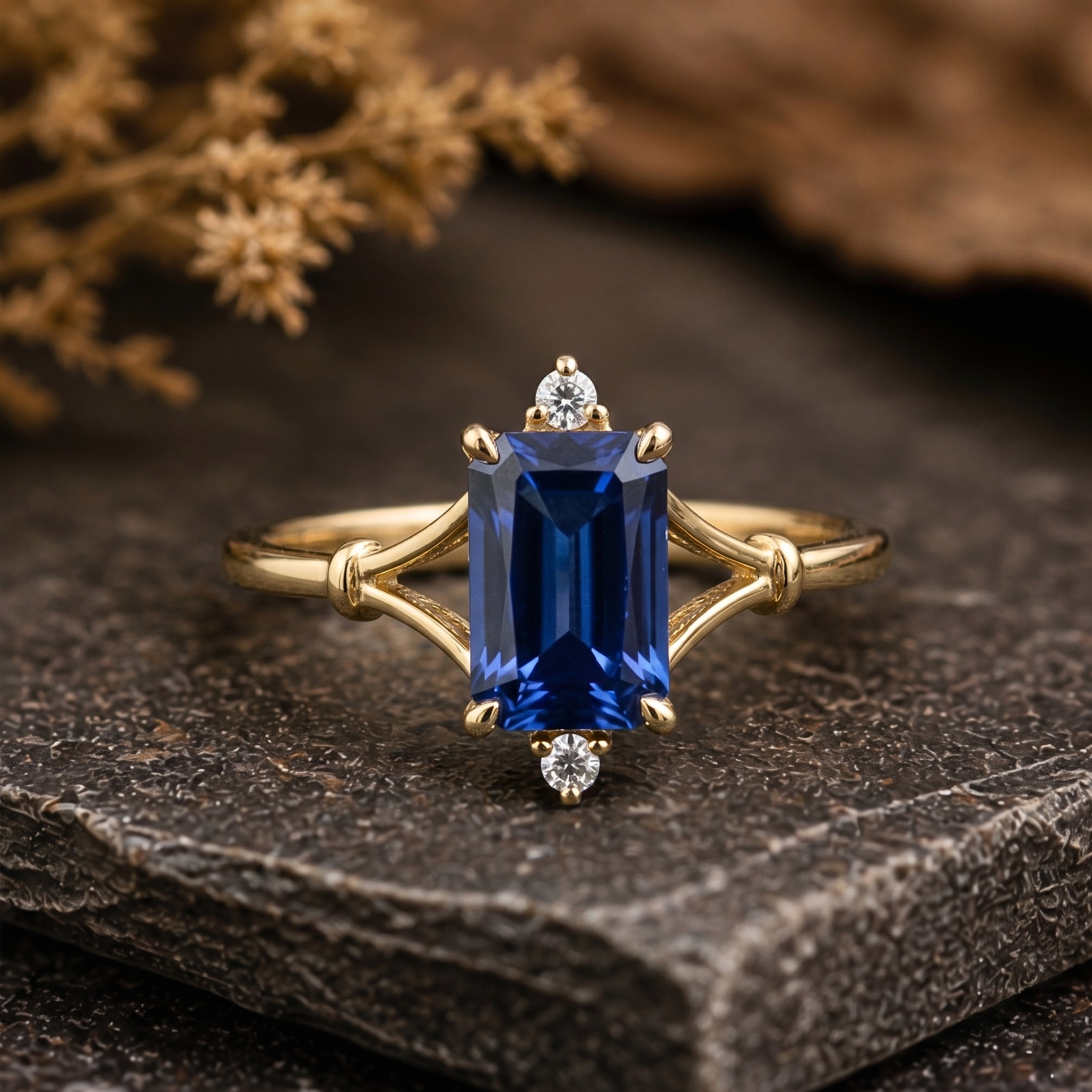 Emerald Cut Sapphire Wedding Ring, Natural Sapphire Moissanite Engagement Ring Real Vintage Bridal Jewelry, Anniversary Birthday Luxury Gift