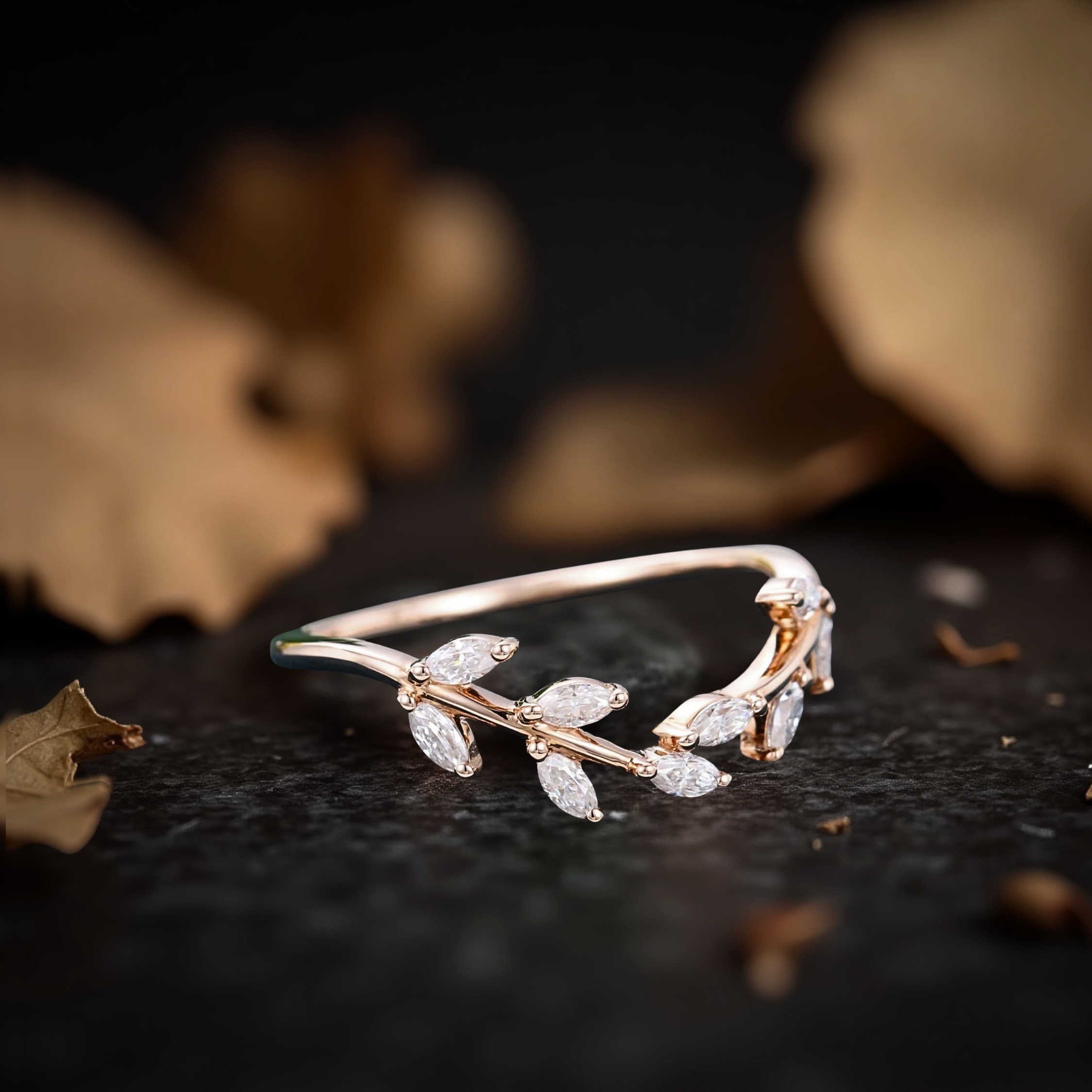 Marquise Moissanite Leaf Wedding Band, Dainty Antique Style Anniversary band for her, Matching Bridal Jewelry, Gift For Women