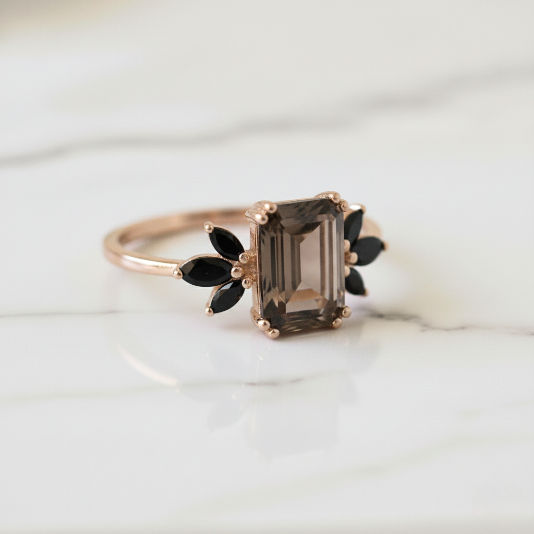 Emerald Cut Smoky Quartz & Marquise Black Onyx Ring, Solitaire Ring, 14K Rose Gold Smoky Quartz Engagement Ring, Anniversary Gift For Women