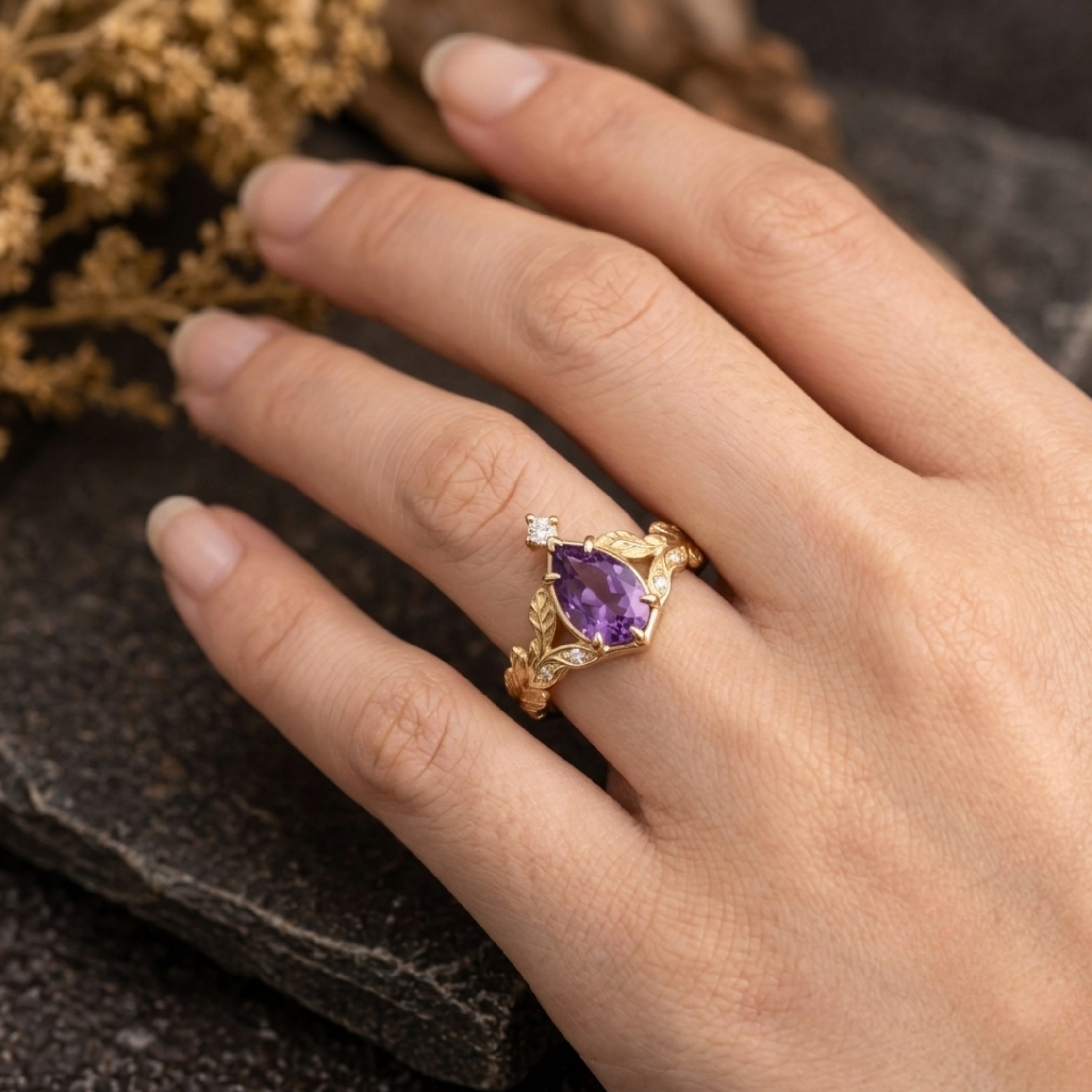 Vintage Amethyst Leaf Engagement Ring/Dainty Nature Inspired Branch Amethyst Moissanite Promise Ring/Purple Stone Wedding Jewelry For Her