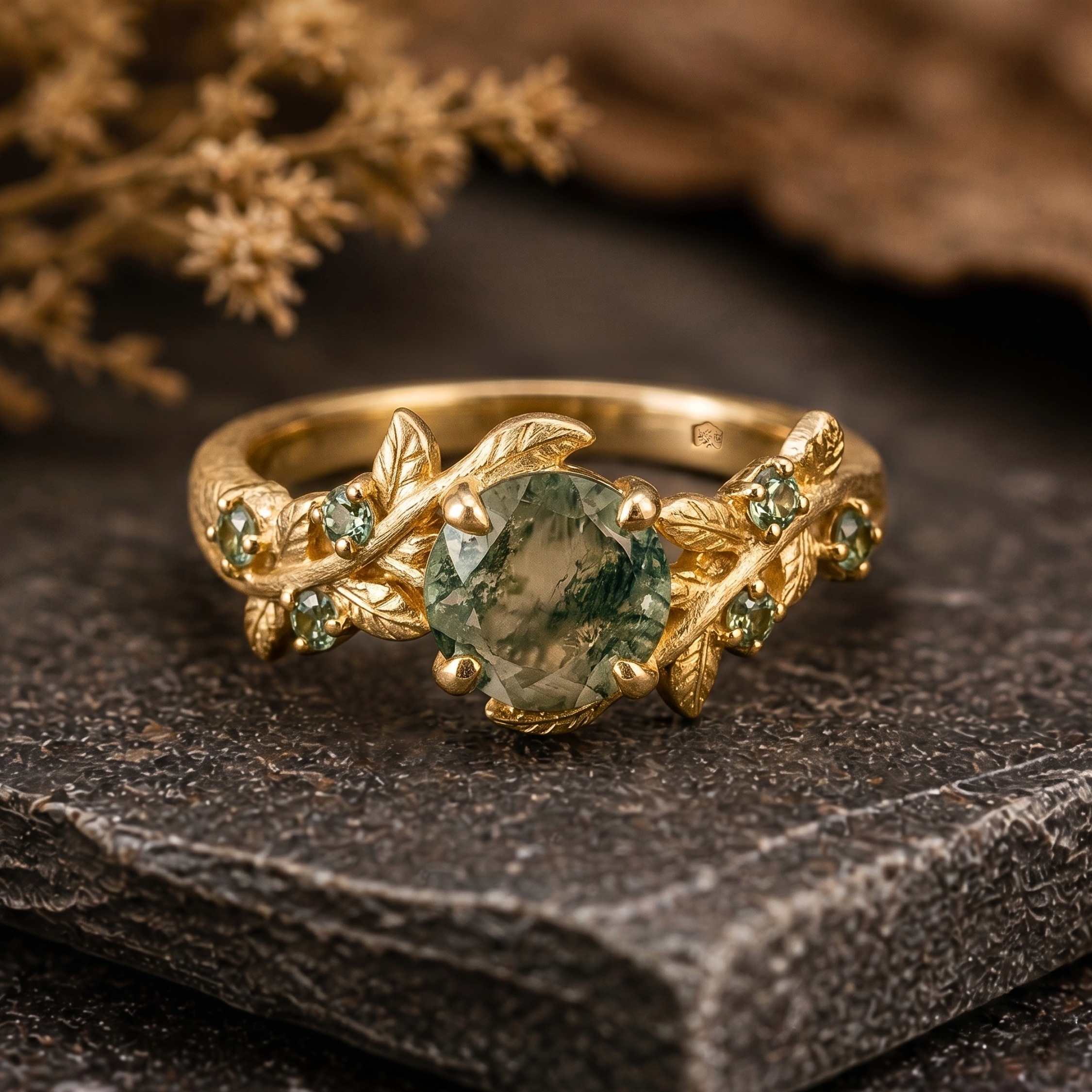 14K Solid Gold Nature Inspired Moss Agate Ring, Vintage Leaf Design Engagement Ring, Delicate Green Agate Wedding Ring, Promise Gift For Her