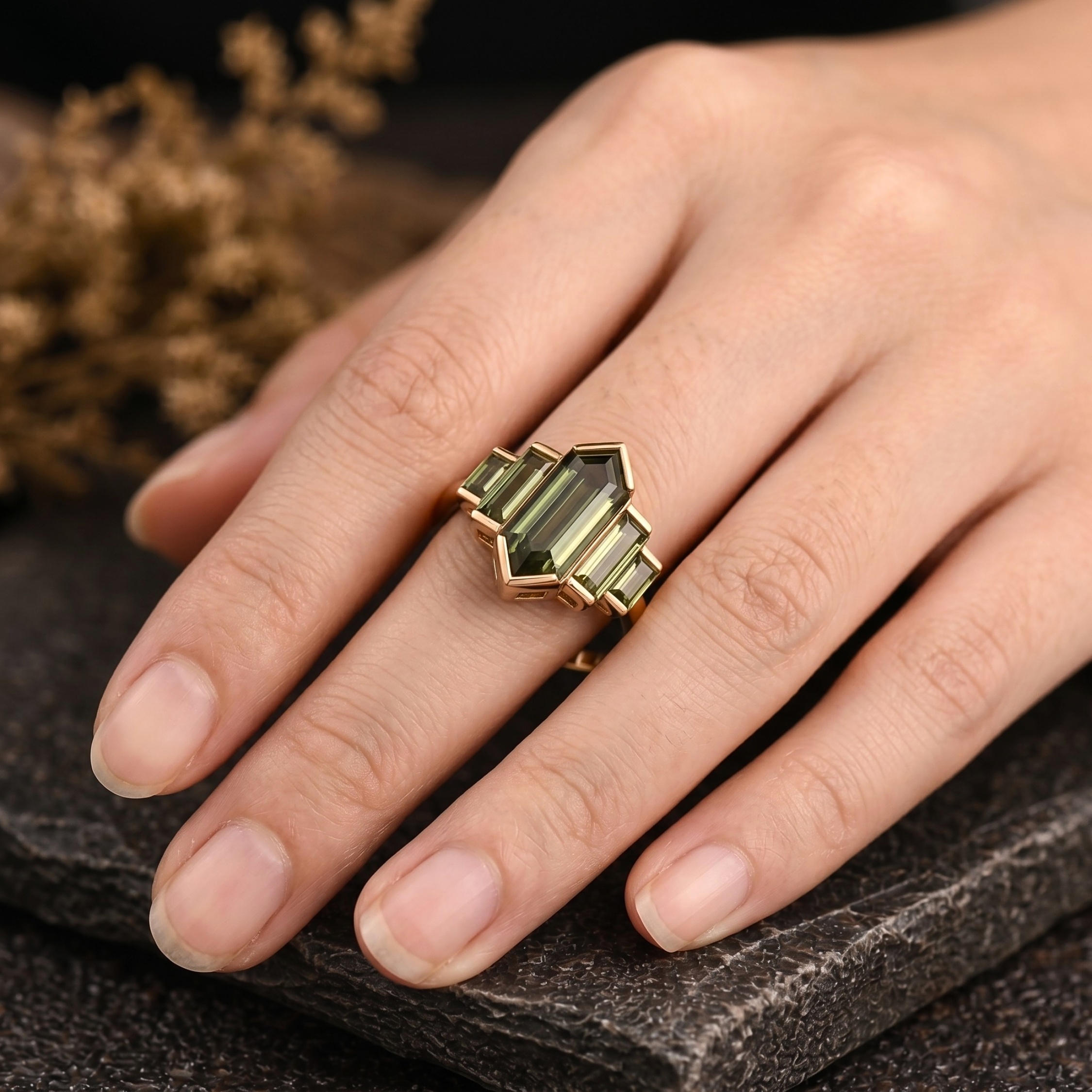 Vintage Long Hexagon Cut Green Amethyst Ring, Art Deco Baguette Amethyst Engagement Ring, Promise Bridal Jewelry For Her, Anniversary Gift