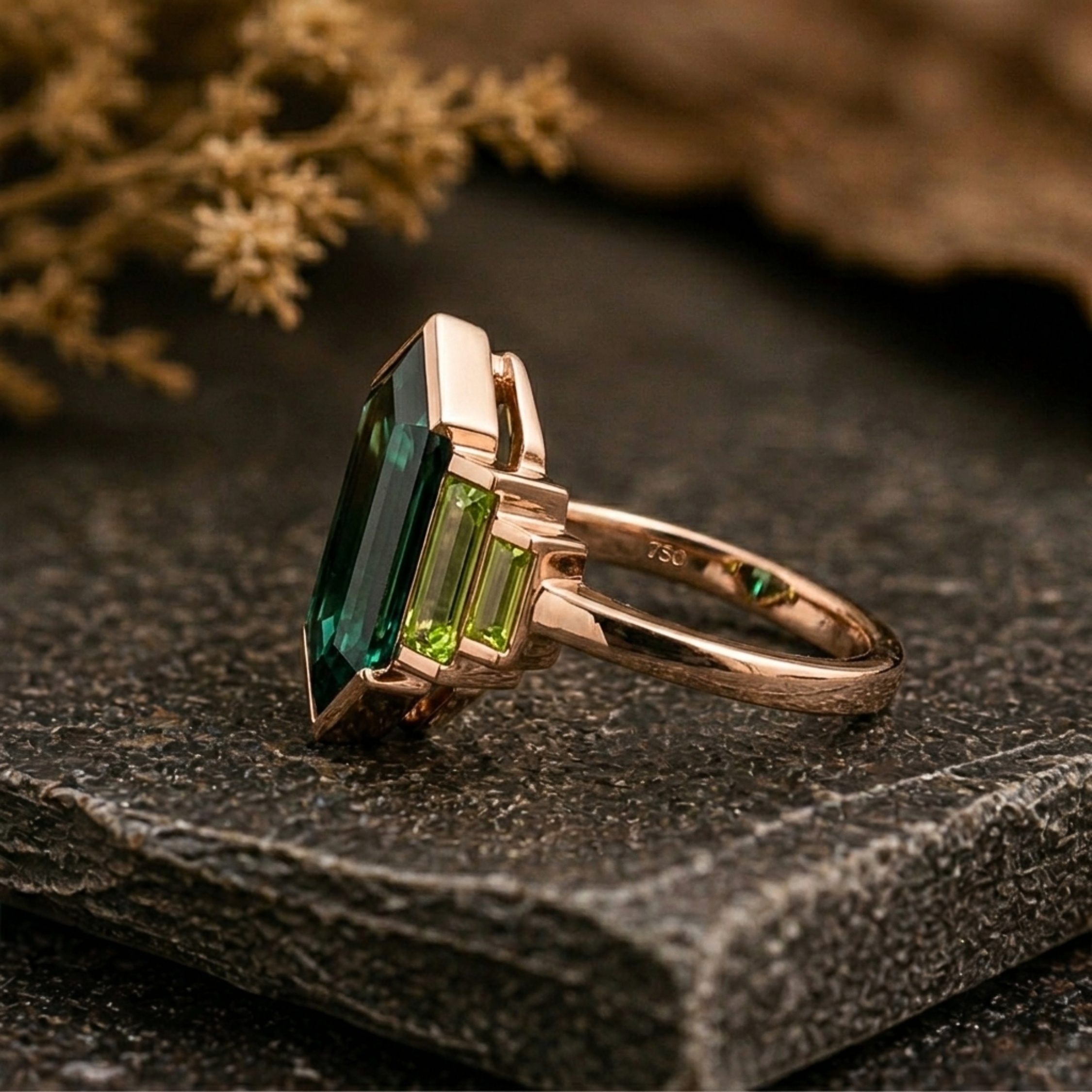 Vintage Hexagon Cut Green Emerald & Baguette Cut Peridot Wedding Ring, 18K Rose Gold Engagement Ring, Promise Bridal Jewelry Gift For Women