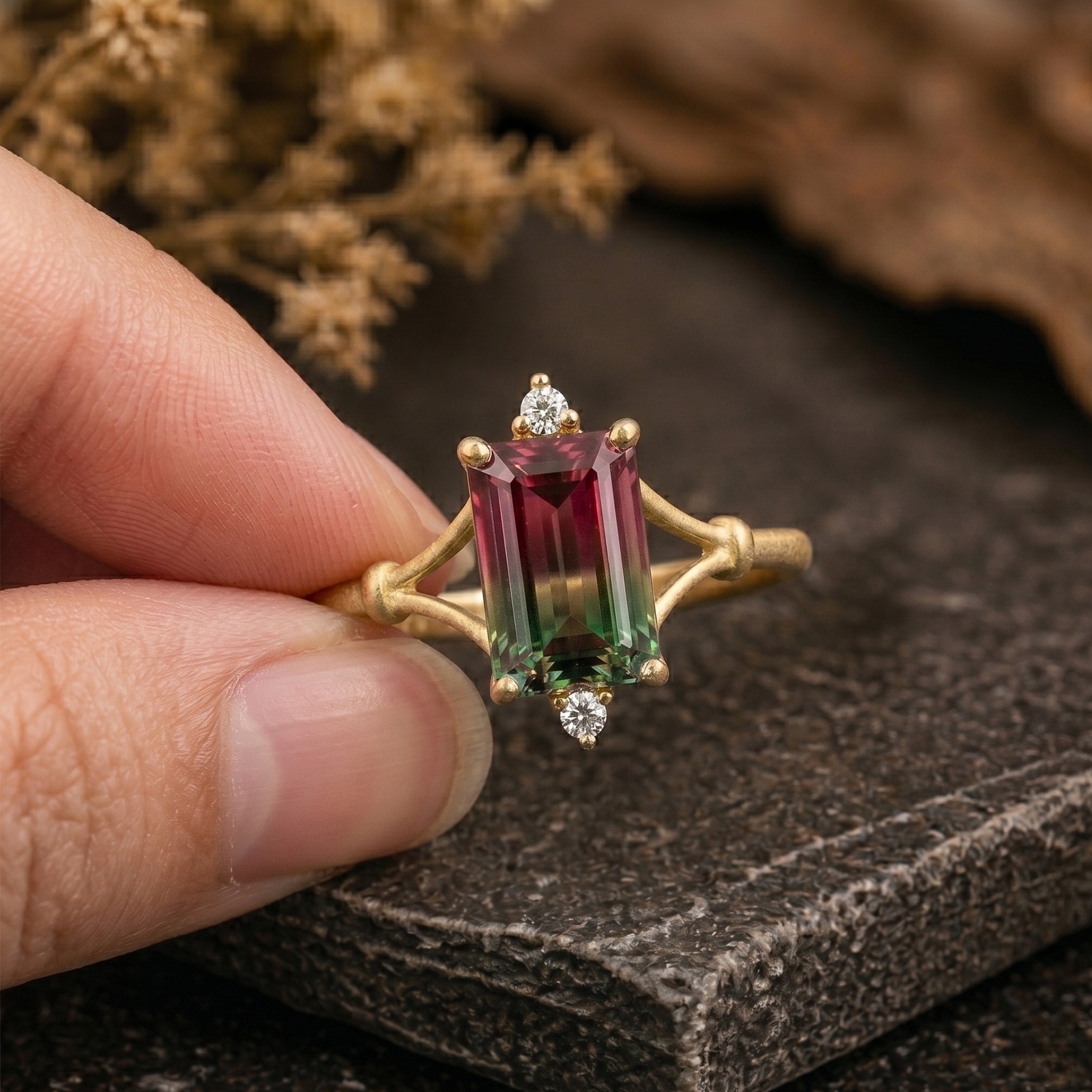 Emerald Cut Watermelon Tourmaline Ring, Bi-Color Pink/Green Engagement Ring, Art Deco Minimalist Moissanite Wedding Ring, Anniversary Gift