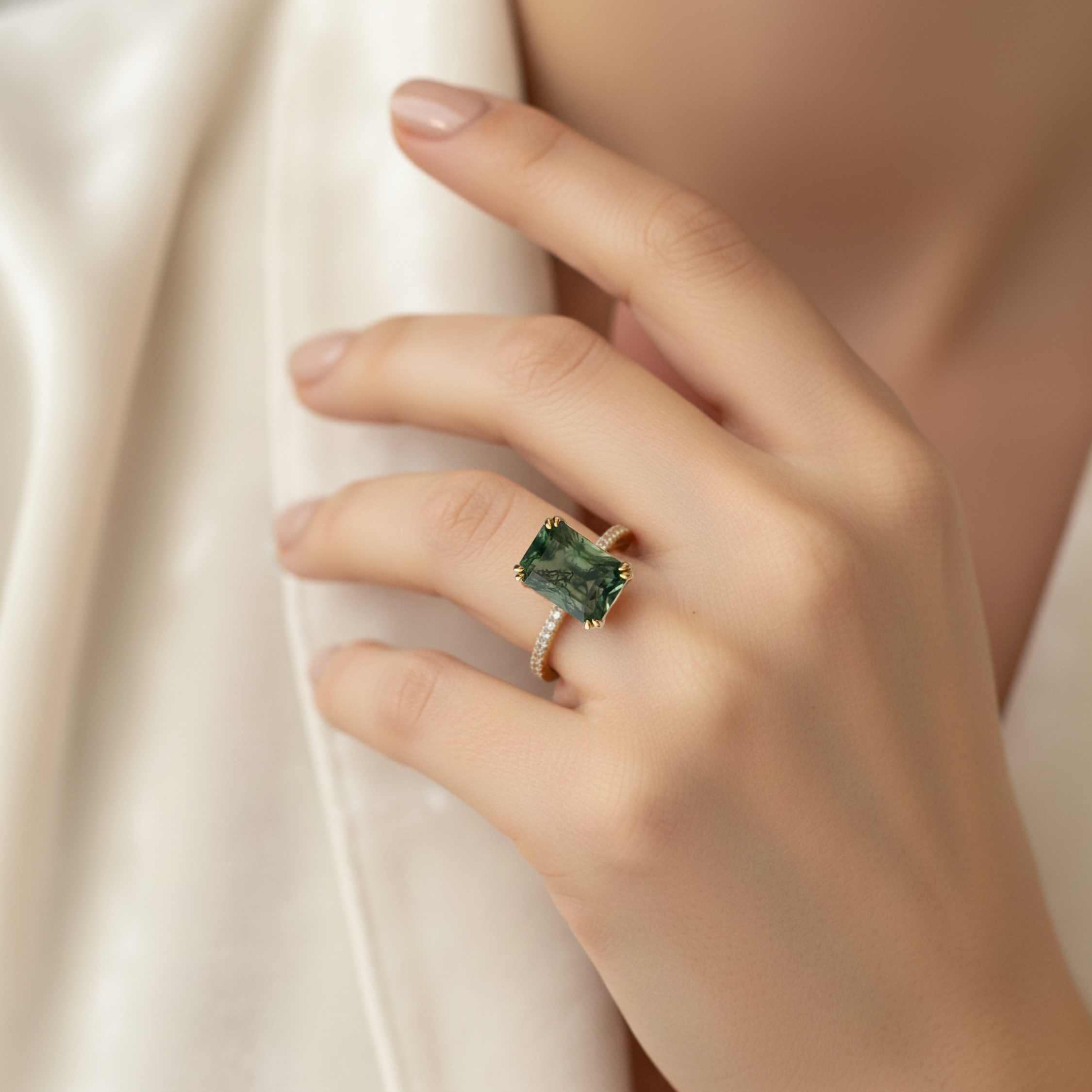 Unique Vintage Emerald Cut Moss Agate Ring Solid 14k Yellow Gold Promise Ring Art Deco Bezel Setting Engagement Ring Bridal Jewelry Gift