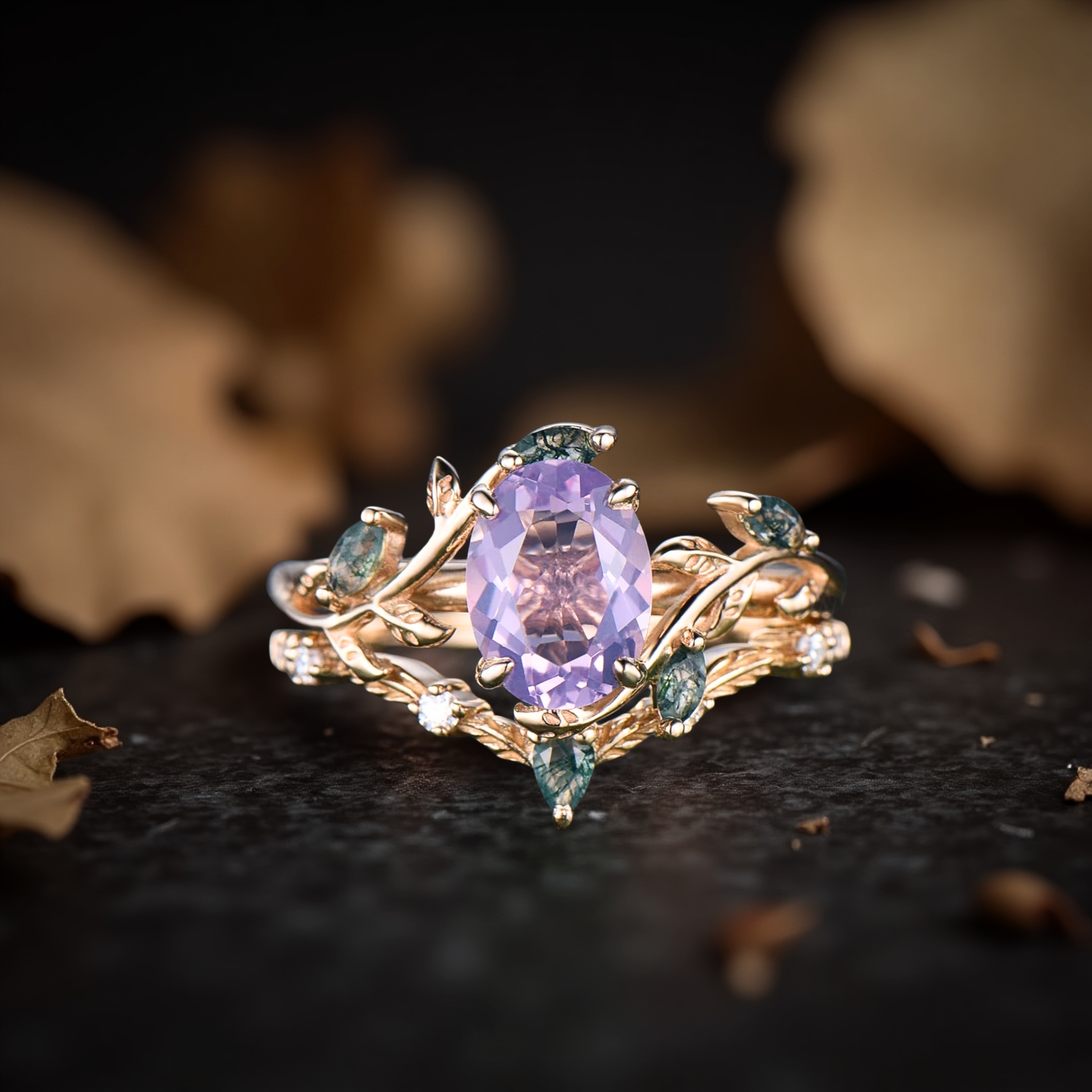 Vintage Nature Inspired Oval Cut Lavender Amethyst Engagement Ring, 14k Solid Gold Cluster leaf Bridal Wedding Ring Set, Gift For Women