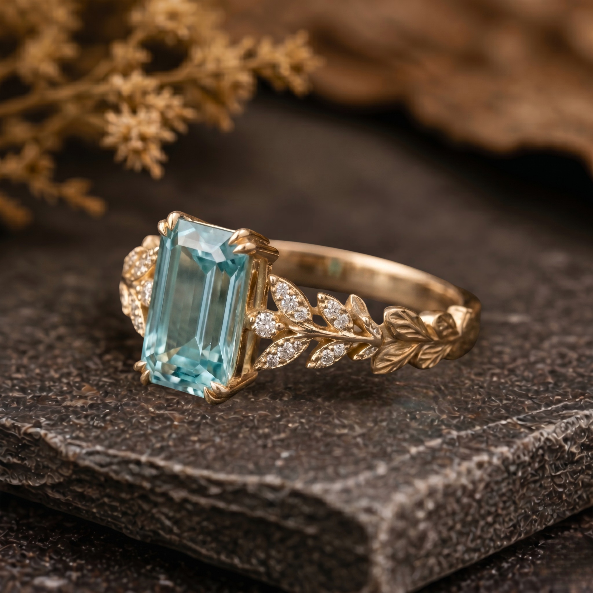 Emerald Cut Leaf Aquamarine Engagement Ring, Olive Branch Floral Thick Marriage Ring, Bridal Nature Inspired Leafy Ring For Women Vine Ring