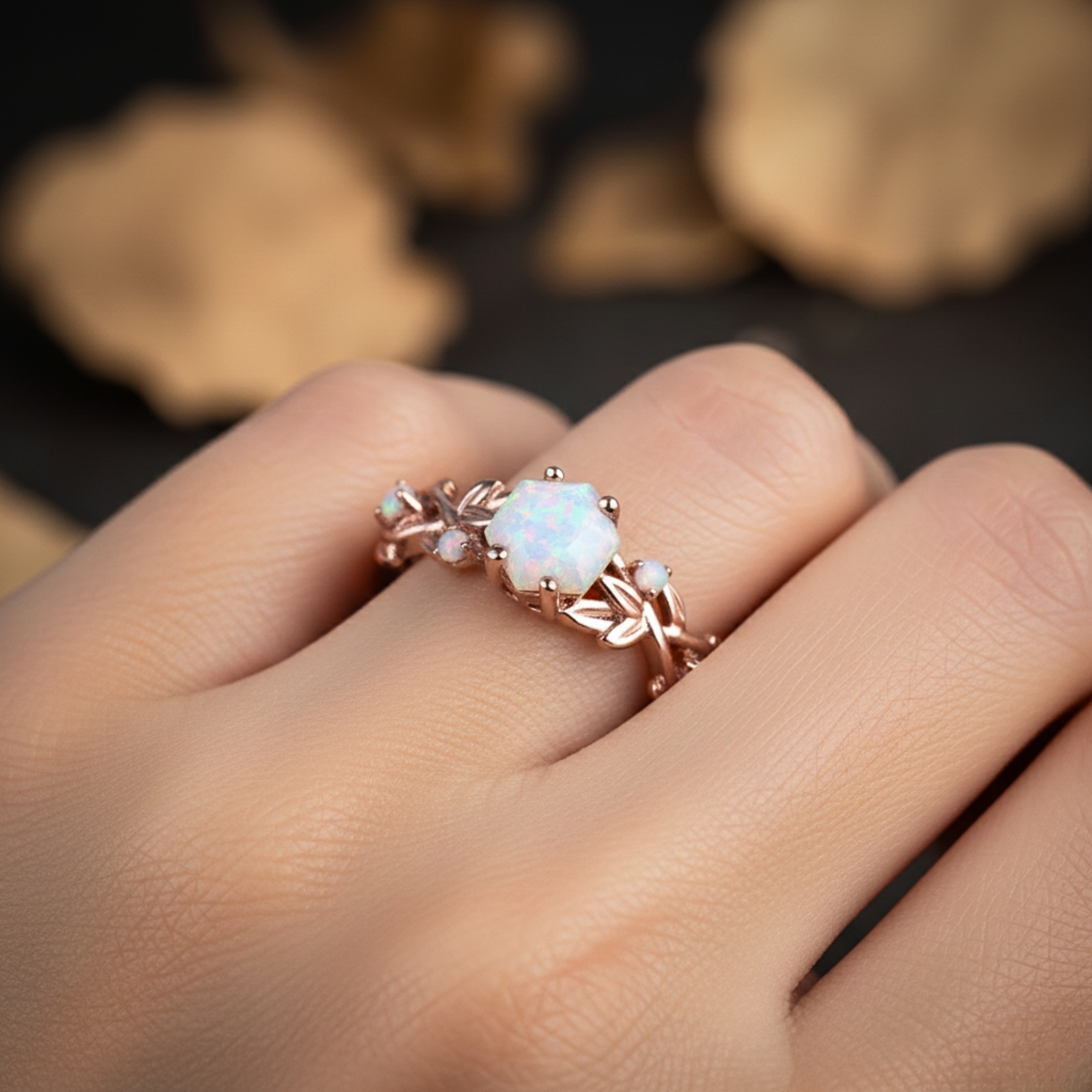 Vintage Hexagon Cut Twig Opal Engagement Ring, White Opal Gold Leaf Ring, October Birthstone Ring, Promise Ring, Anniversary Gift For Women