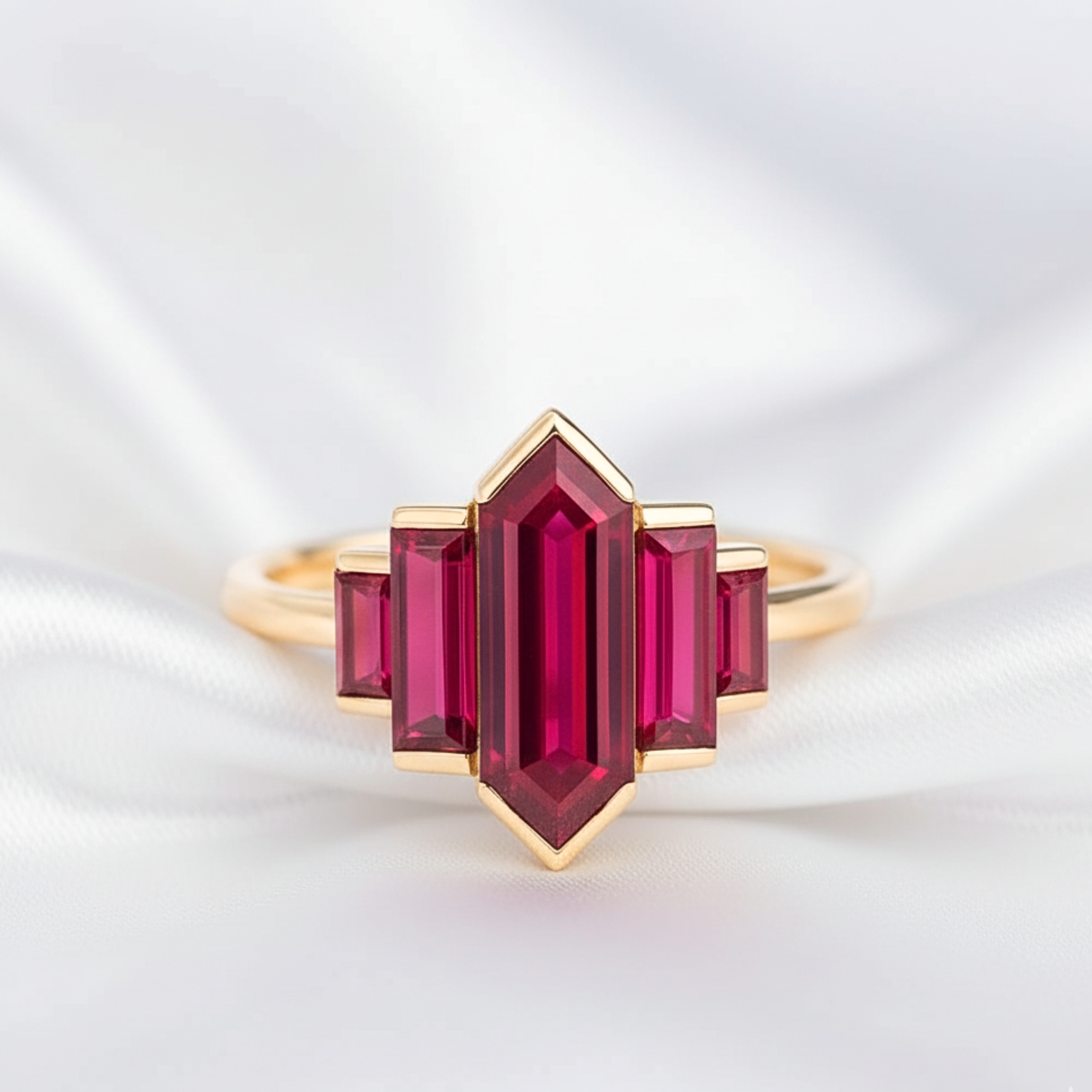 Unique Long Hexagon Ruby Ring, Vintage 14k Yellow Gold Bezel Set Art Deco Red Ruby Bridal Promise Wedding Ring Unique Christmas Gift For Her