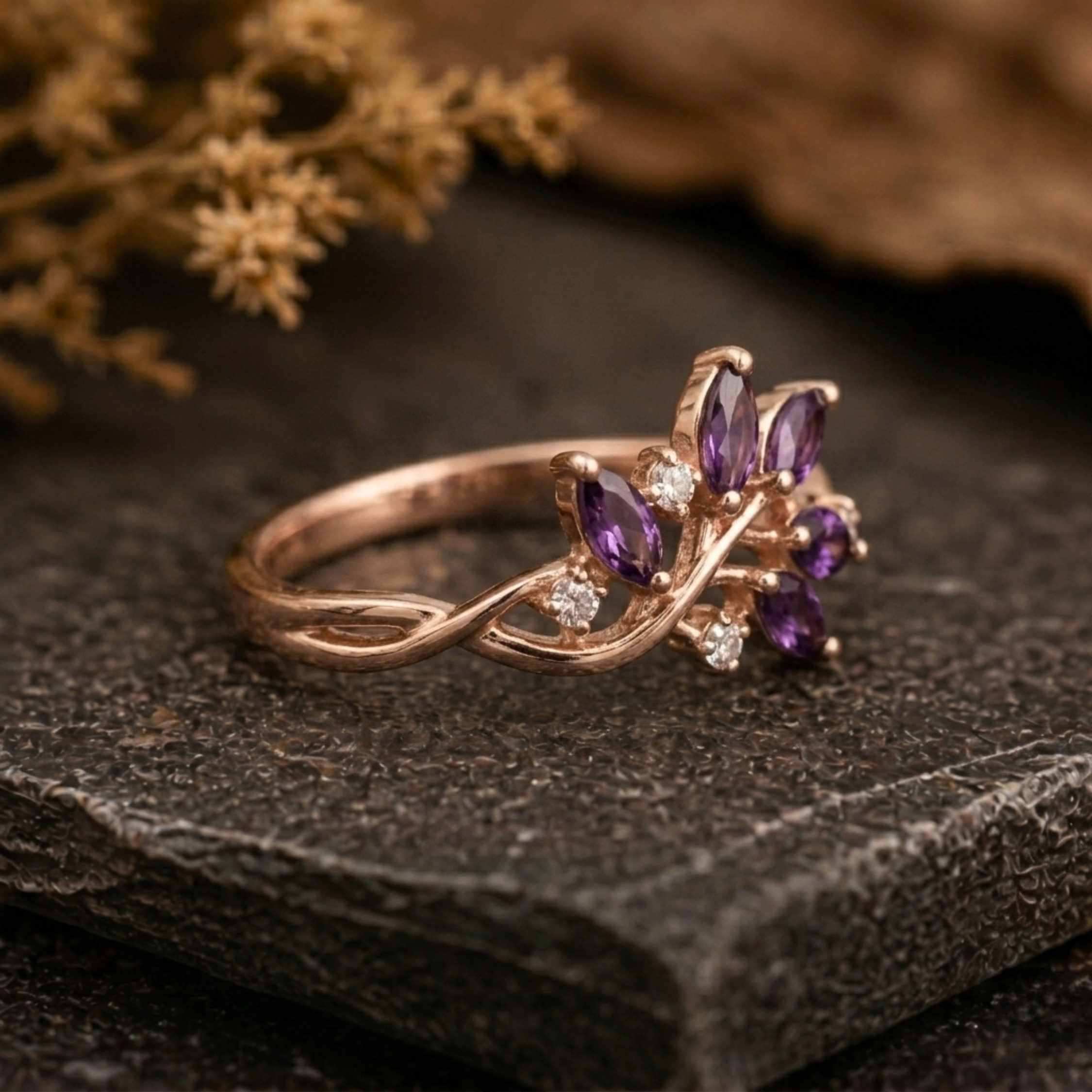 Vintage Purple Amethyst Engagement Ring, Amethyst 14K Wedding Ring, Bohemian Nature Inspired Engagement Ring, Diamond Ring, Anniversary Gift