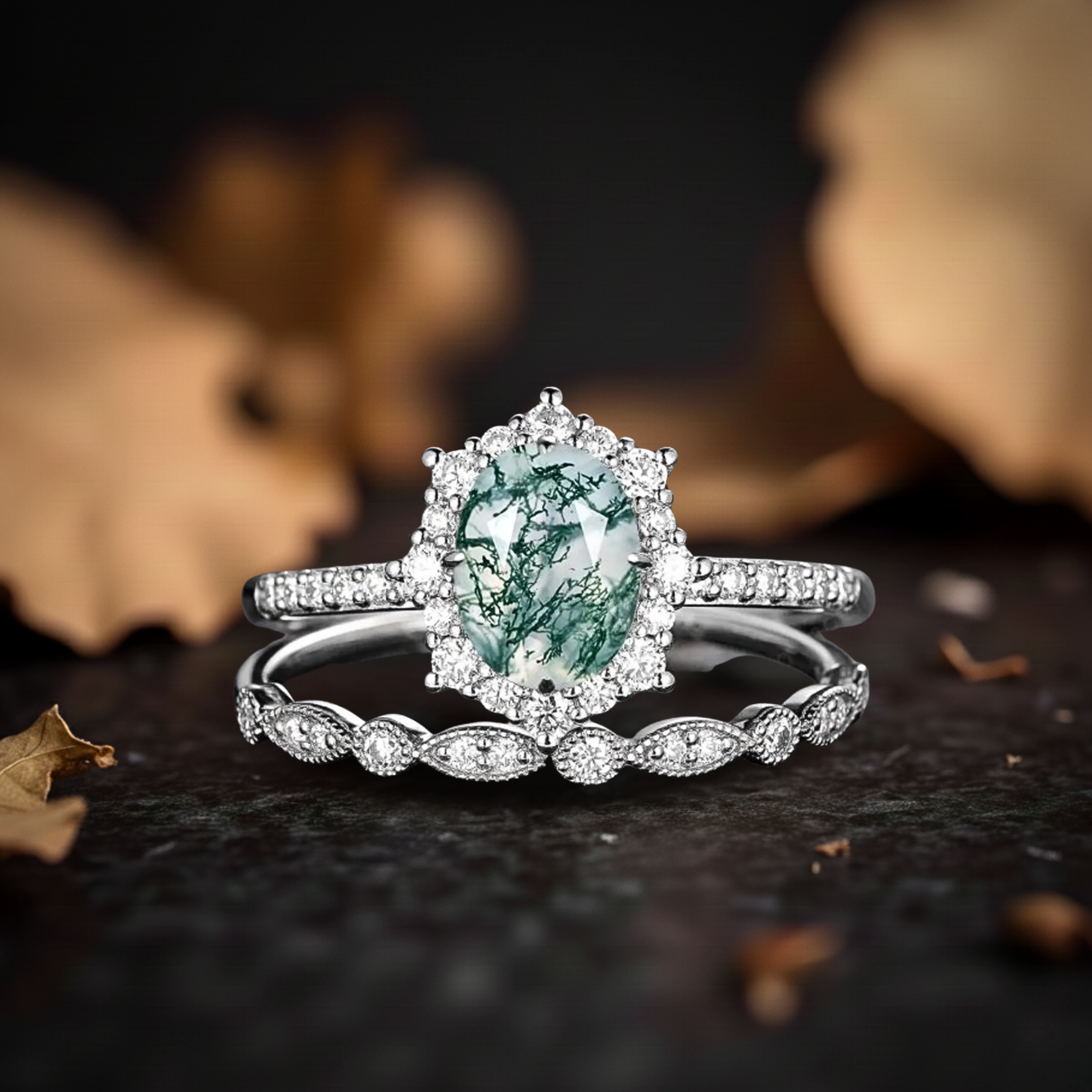 Vintage Moss Agate Halo Engagement Ring Set, Unique Rose Gold Oval Cut Wedding Set, Moss Agate Bridal Set Promise Ring Anniversary Ring Gift