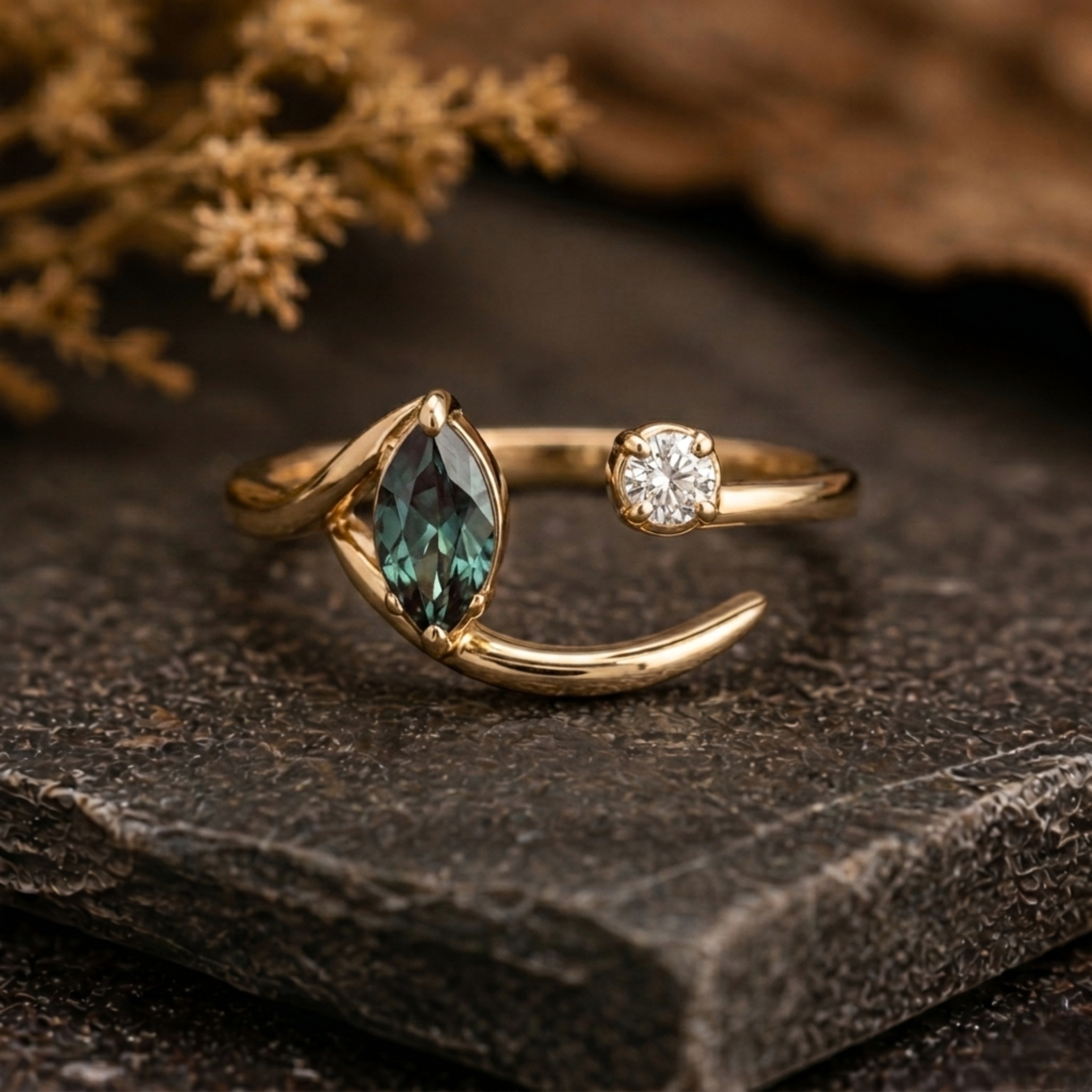 Unique Toi Et Moi Custom Two Stone Ring, Teal Sapphire Moissanite Curve Band, Dual Birthstone Minimalist Ring, Anniversary Birthday Gift