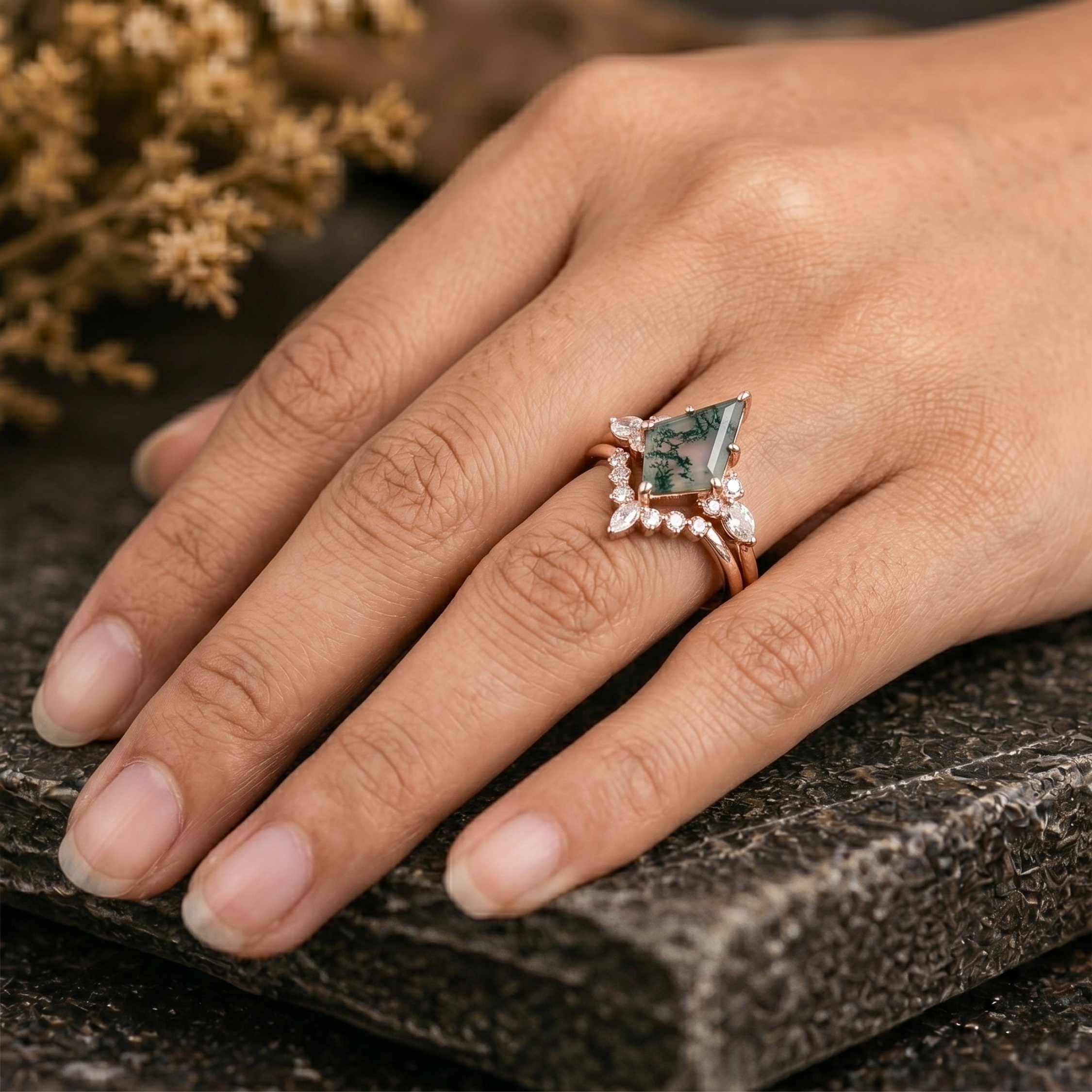 Unique Vintage Kite Cut Green Moss Agate Engagement Ring Set, 14k Rose Gold Wedding Moissanite Ring For Women, Bridal Ring Set Gift For Her