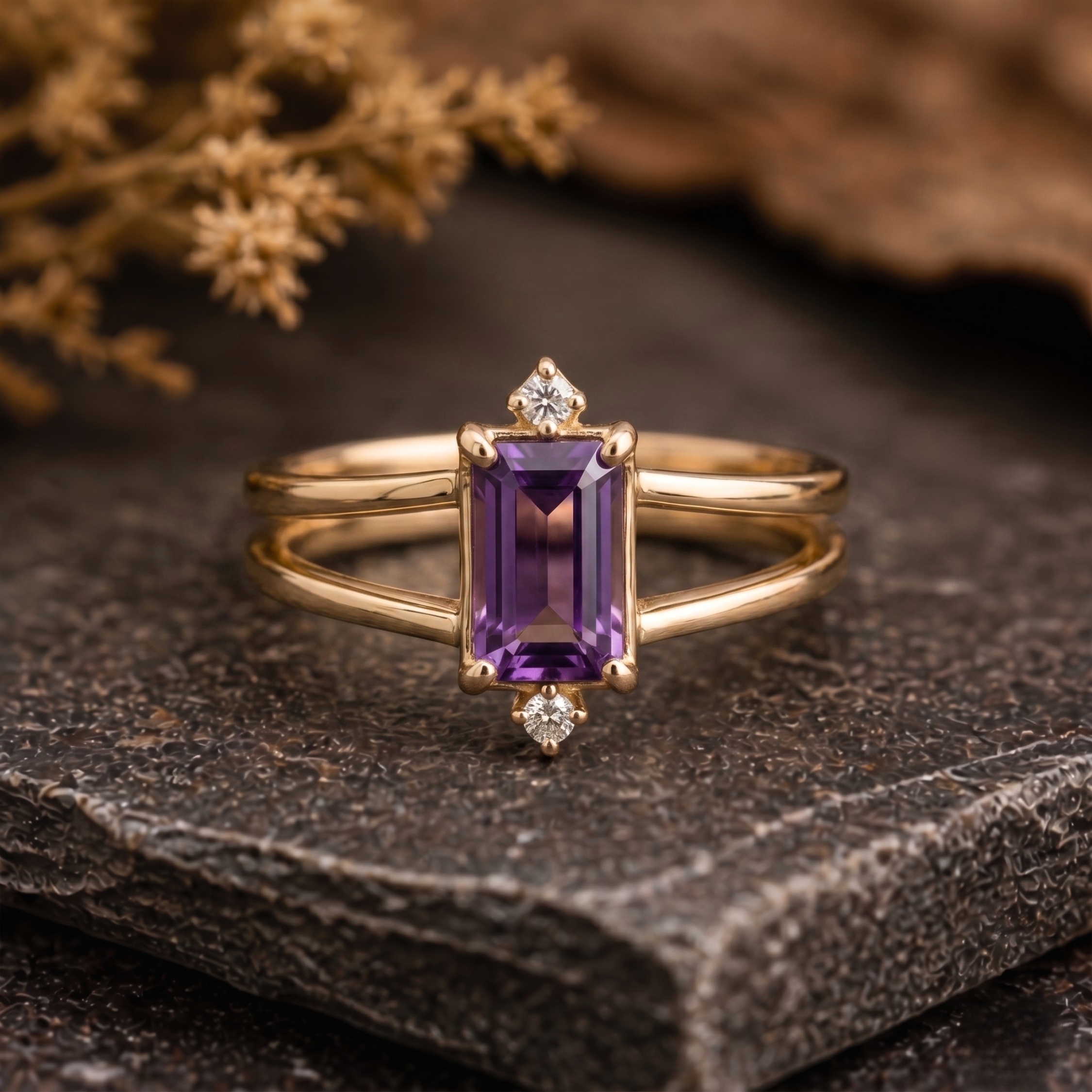 Amethyst Emerald Cut Solid Yellow Gold Engagement Women’s Ring | Moissanite Ring Fantasy Wedding Bridal Jewelry | Double Band Promise Gift