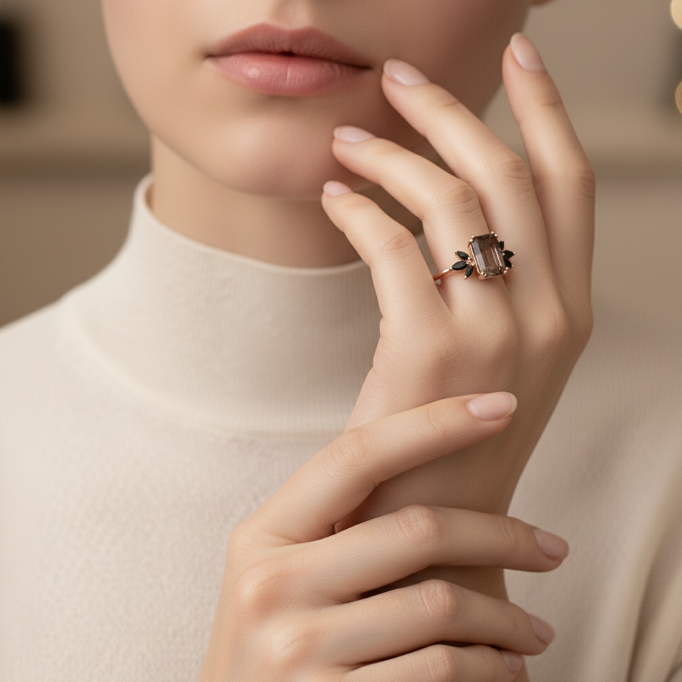 Emerald Cut Smoky Quartz & Marquise Black Onyx Ring, Solitaire Ring, 14K Rose Gold Smoky Quartz Engagement Ring, Anniversary Gift For Women