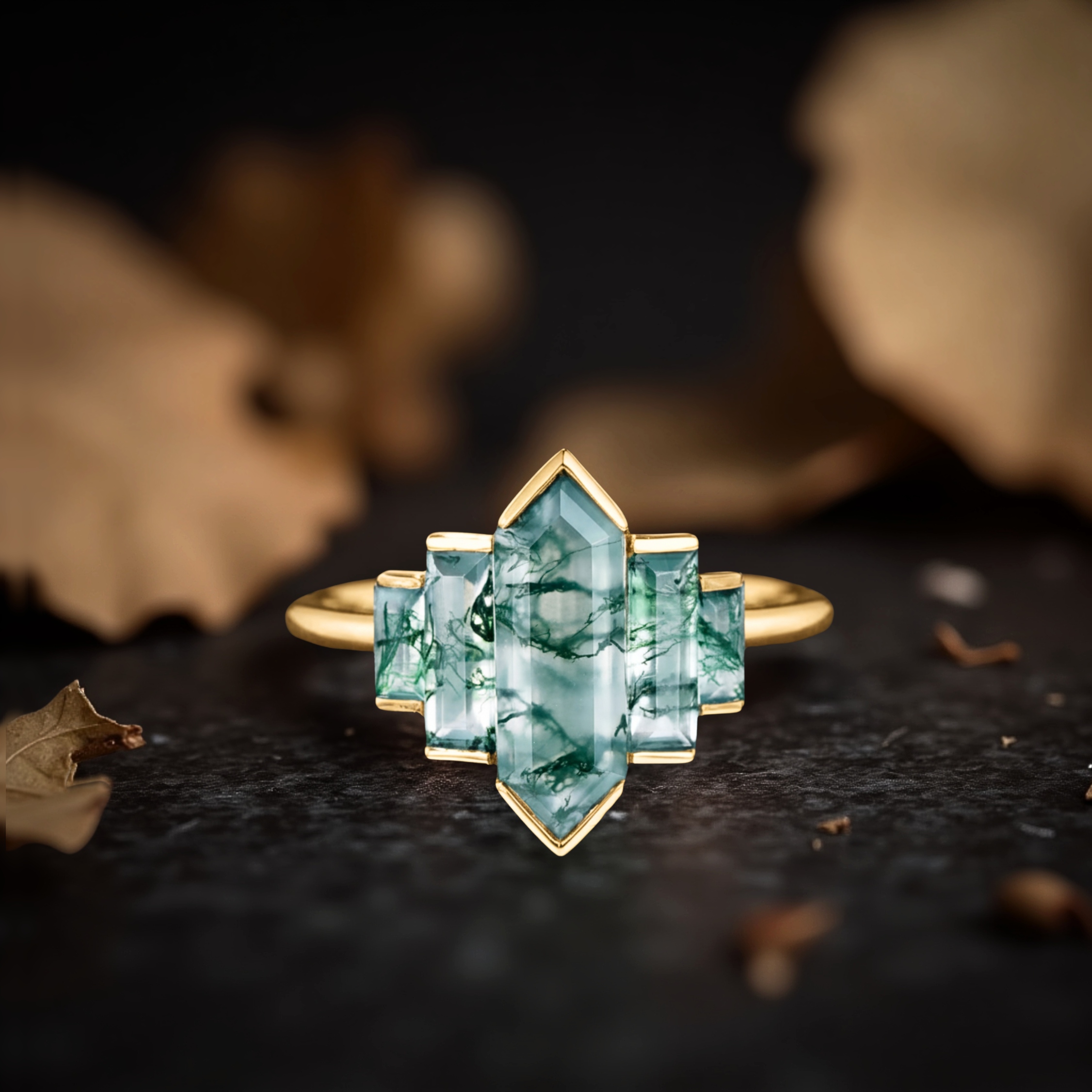 Vintage Long Hexagon Moss Agate Ring, 14K Solid Gold Green Gemstone Wedding Ring, Bridal Jewelrsign with crescent moon and diamond accents.