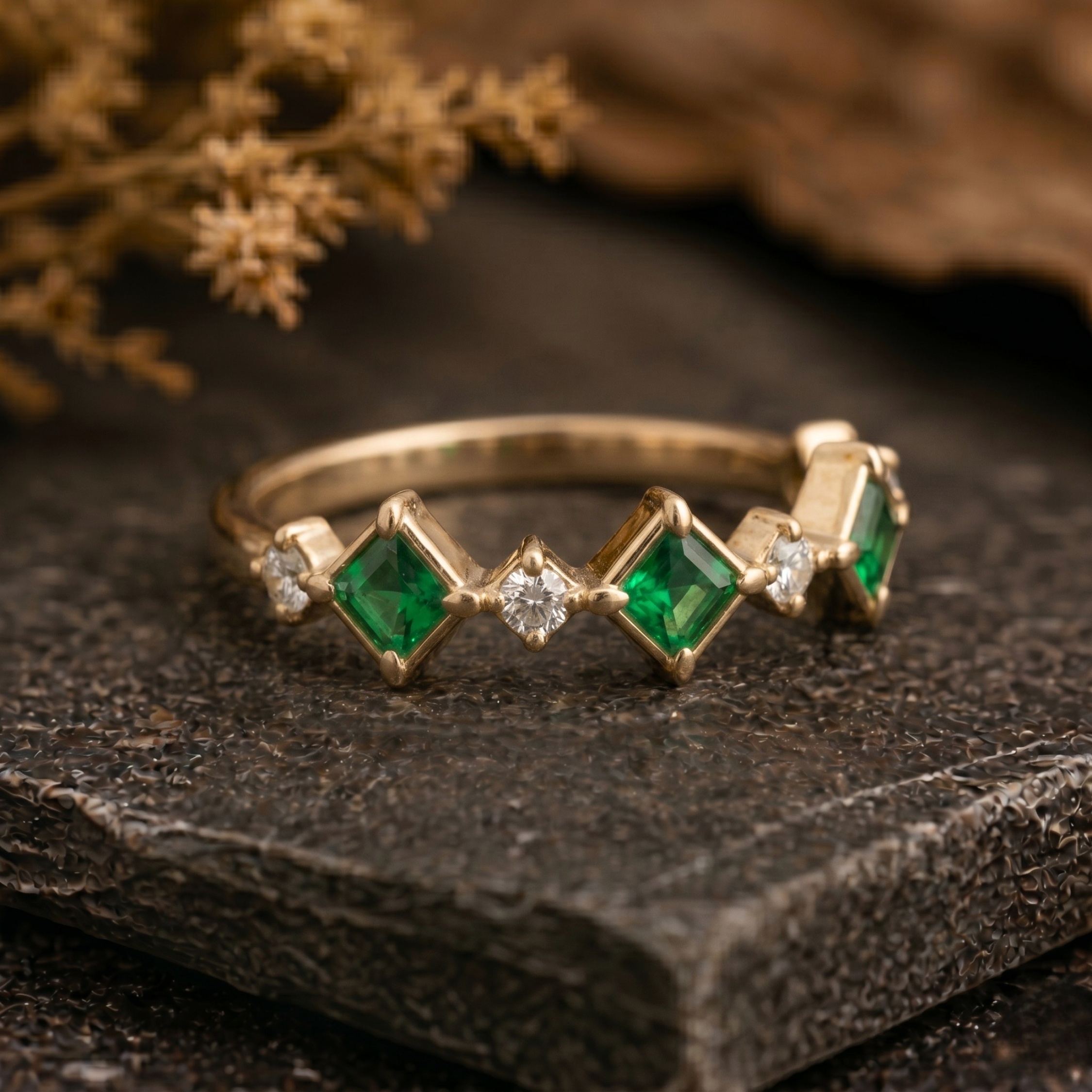 Unique Square Cut Emerald Moissanite Wedding Band/14k Yellow Gold Engagement Ring/Cluster Green Gemstone Matching Anniversary Promise Gift