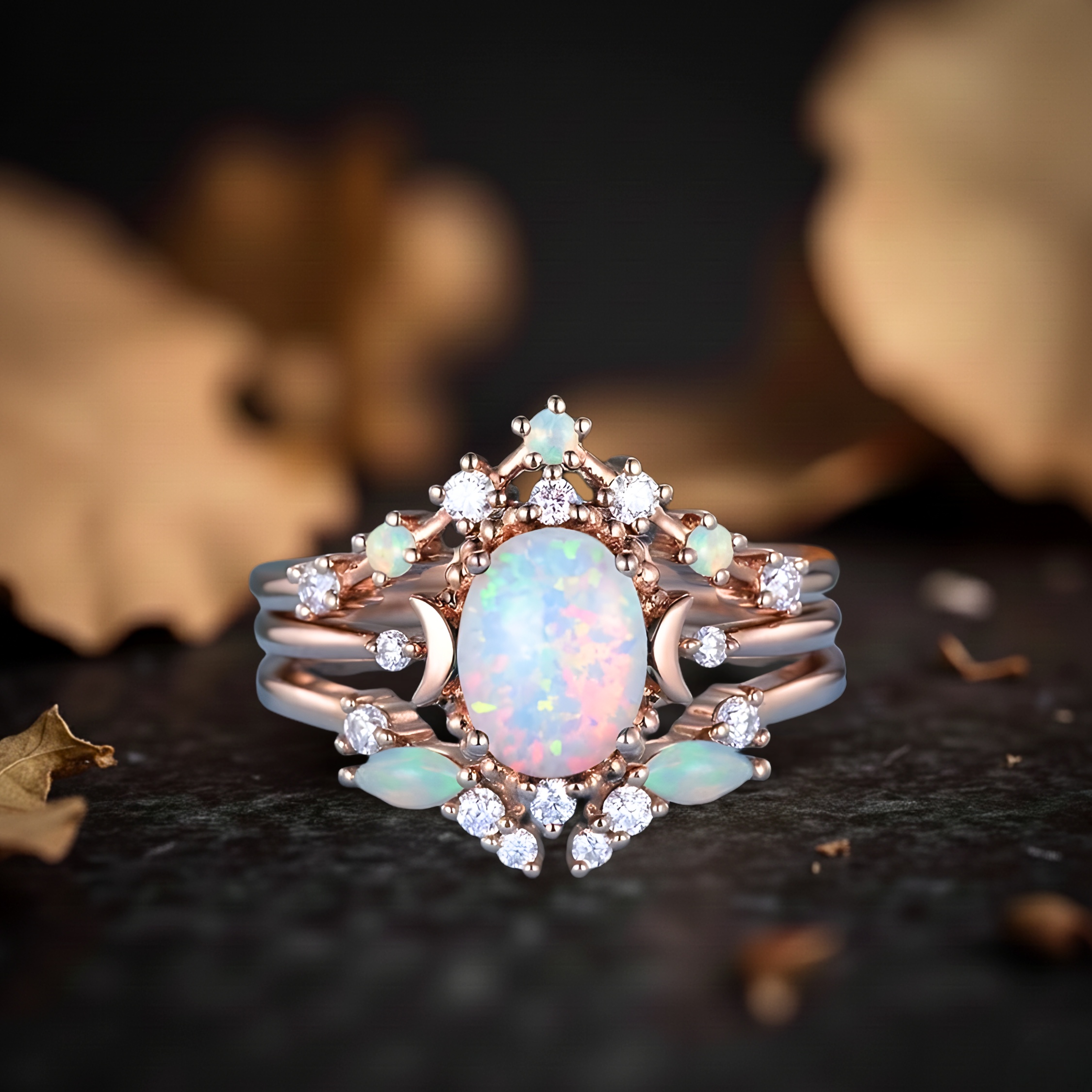 Opal Oval Cut Engagement Ring Set, Vintage Opal Wedding 3 Piece Ring, Woman Celestial Bridal Set Rose Gold Moon Ring Gift Personalized Gift