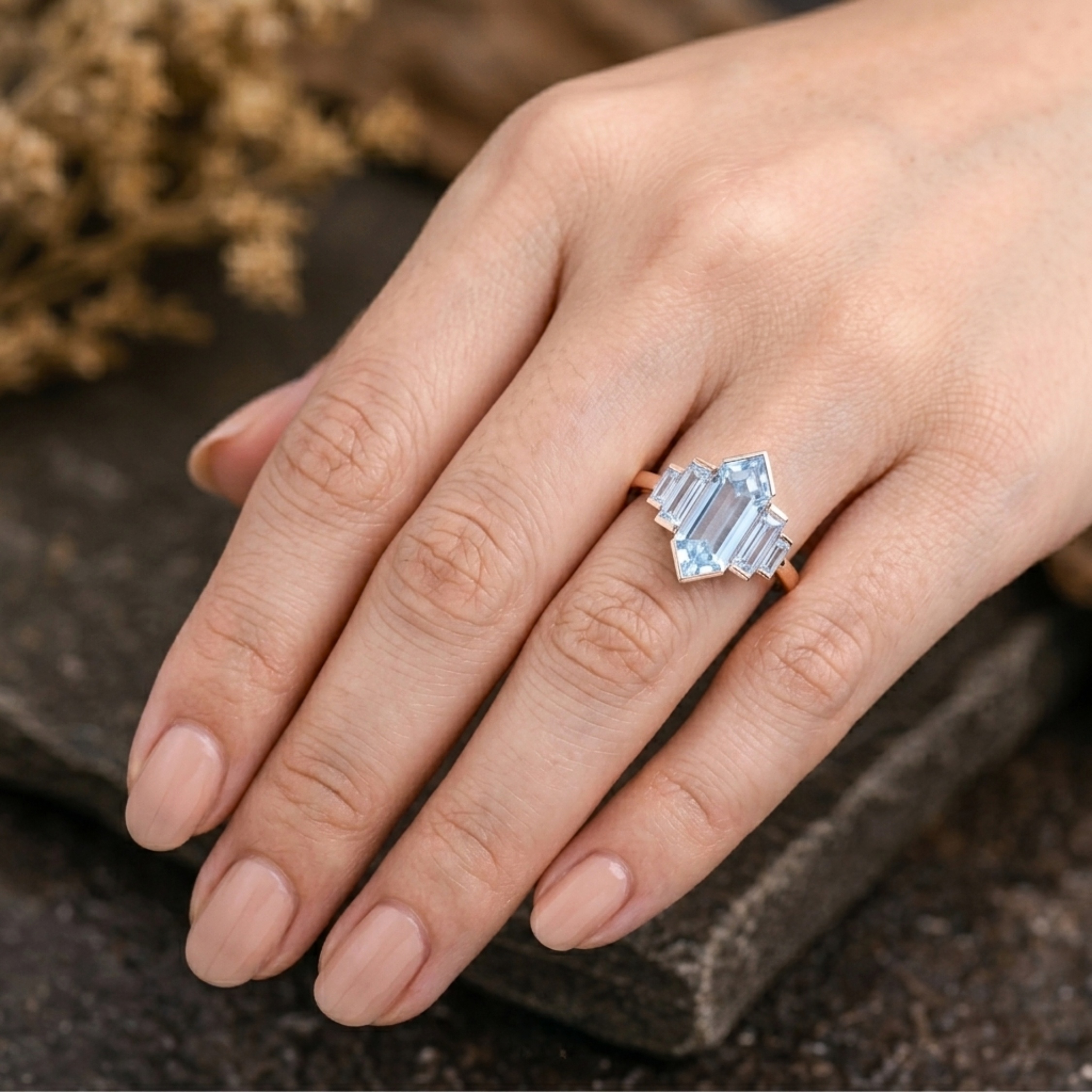 Long Hexagon & Baguette Cut Aquamarine Engagement Ring, Five Stone Wedding Ring, Half Bezel Setting Bridal Ring, 14K Solid Yellow Gold Ring