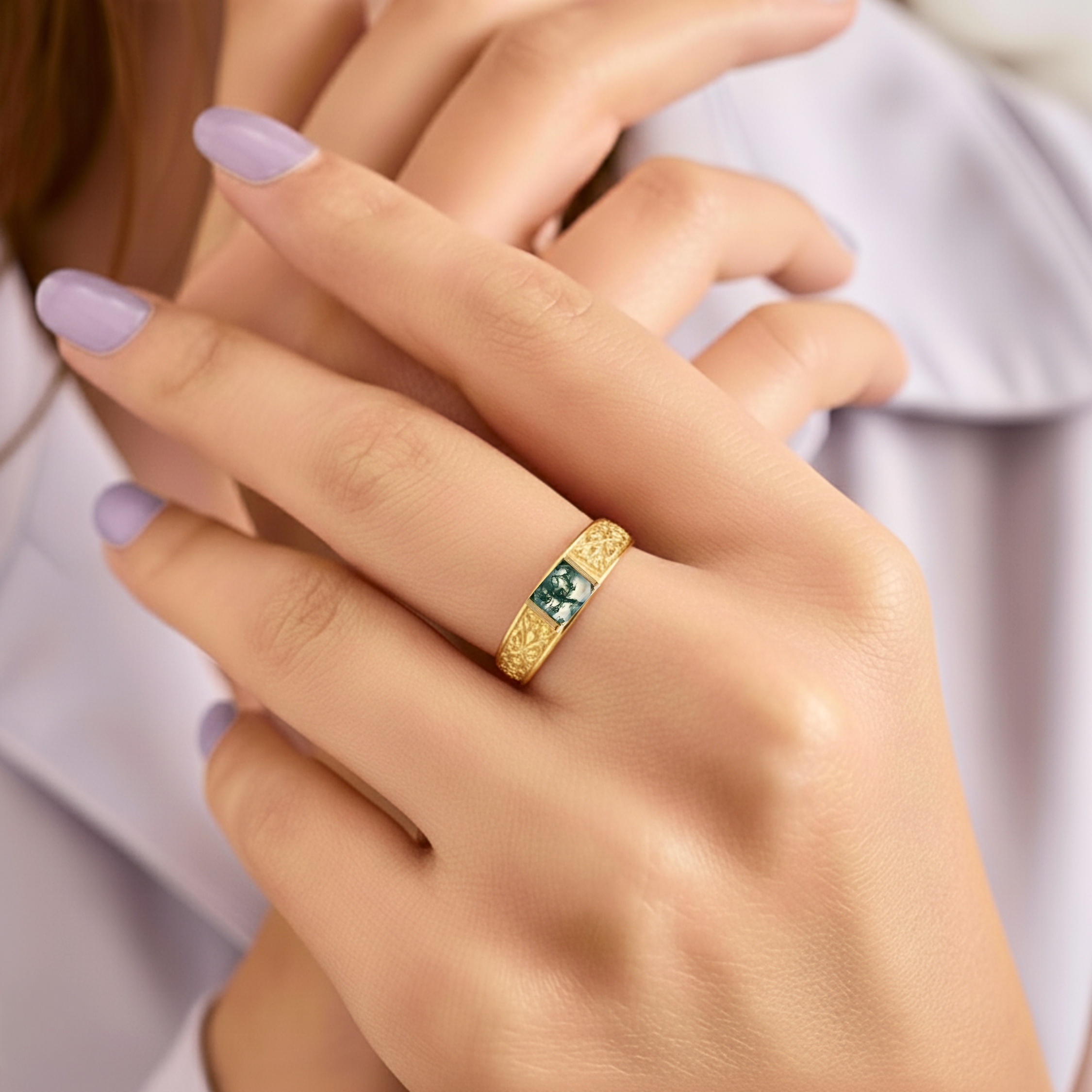 Handmade Emerald Cut Moss Agate Wedding Band, 14k Solid Gold Nature Inspired Leaf Design Ring