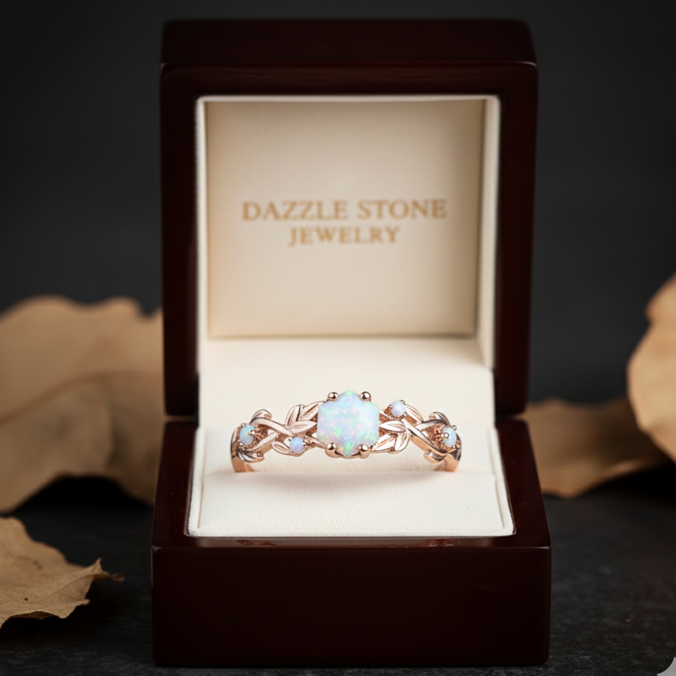 Vintage Hexagon Cut Twig Opal Engagement Ring, White Opal Gold Leaf Ring, October Birthstone Ring, Promise Ring, Anniversary Gift For Women