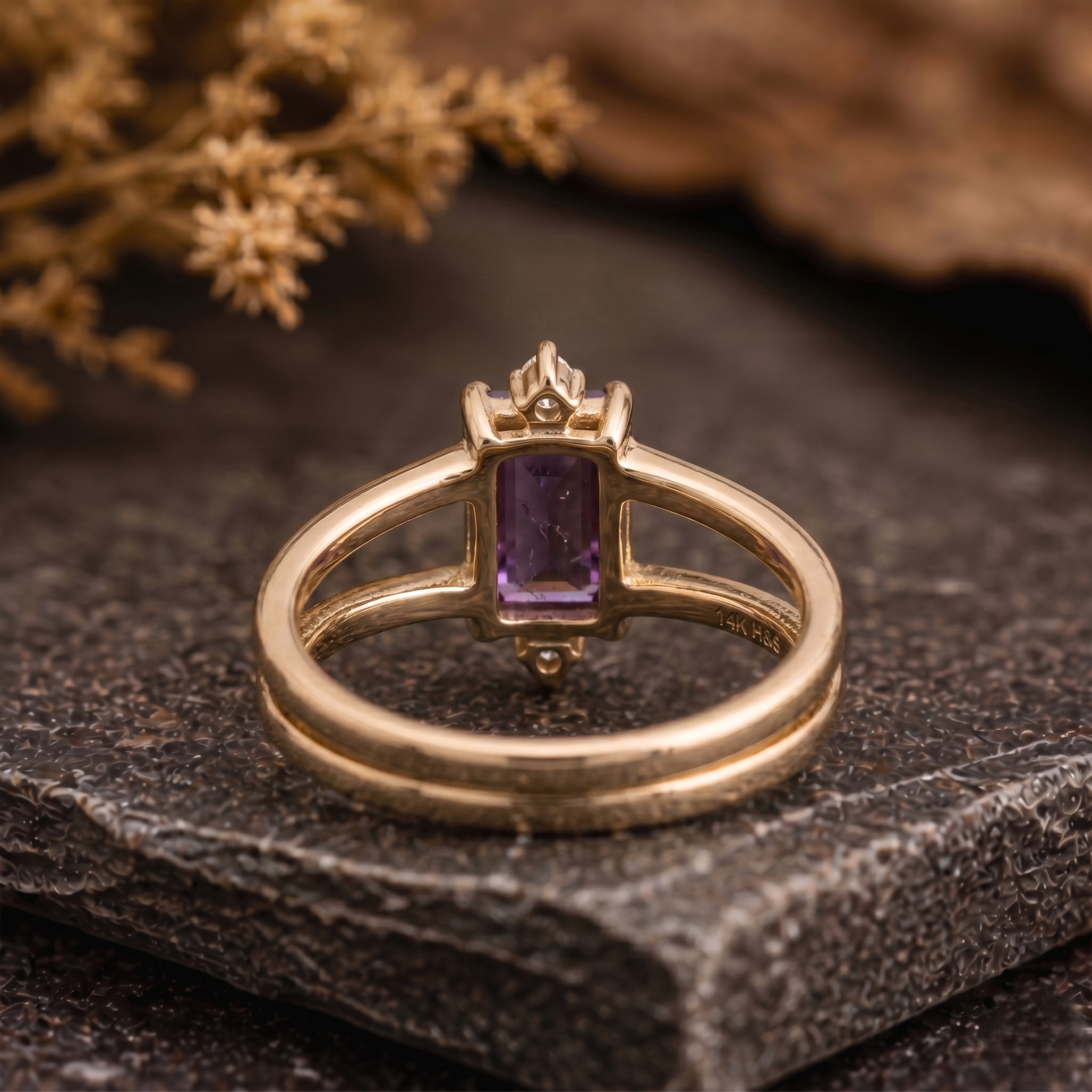 Amethyst Emerald Cut Solid Yellow Gold Engagement Women’s Ring | Moissanite Ring Fantasy Wedding Bridal Jewelry | Double Band Promise Gift
