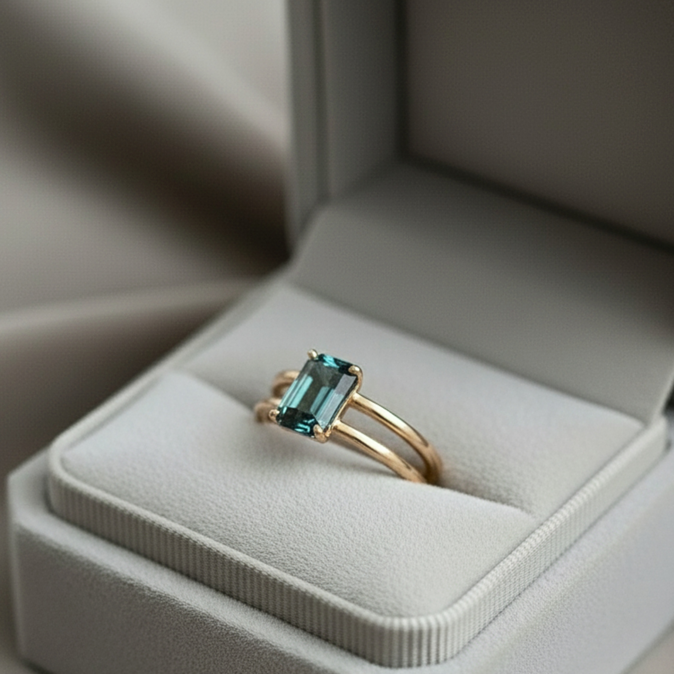 Unique Teal Sapphire Emerald Cut Engagement Ring, Vintage 14k Solid Gold Solitaire Double Band Bridal Wedding Ring, Art Deco Promise Ring