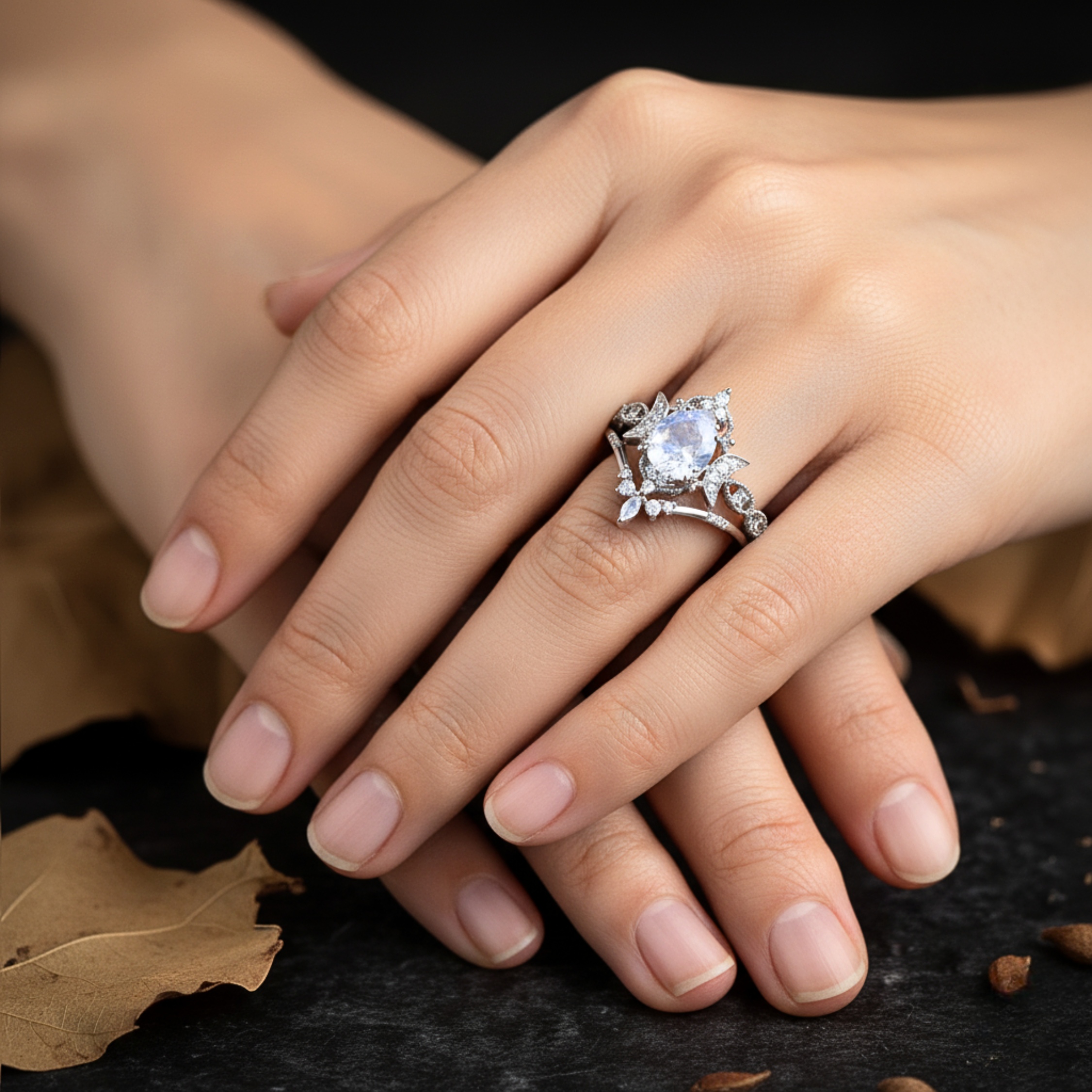 Vintage Vine Half Moon Pear Cut Moonstone Engagement Ring Unique Sterling Silver Floral Cluster Bridal Wedding Ring Set Promise Gift For Her