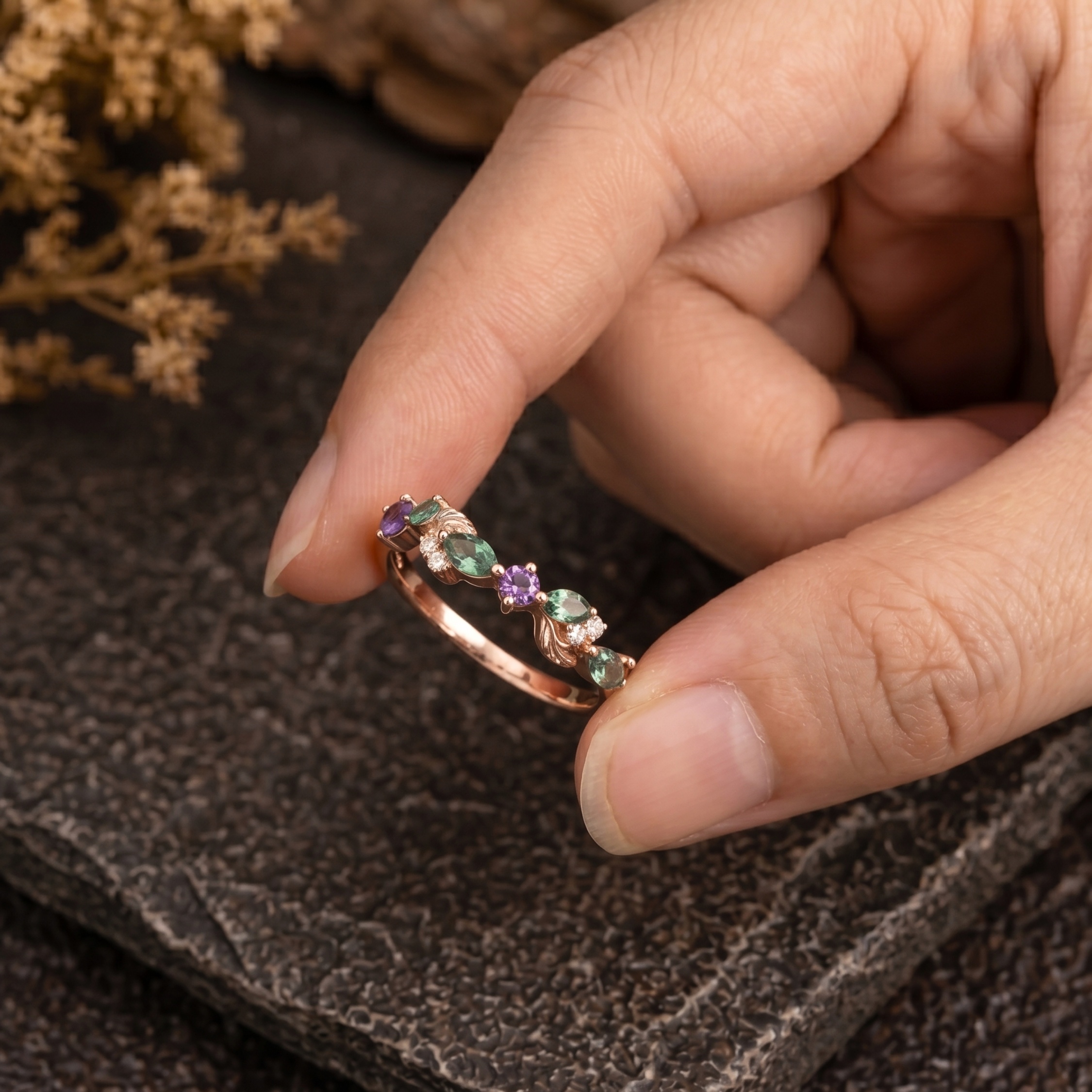 Marquise Emerald Wedding band, 14K Gold 3 Stone Alexandrite Moissanite Engagement Band, Dainty Leaf Promise ring, Anniversary Birthday Gifts