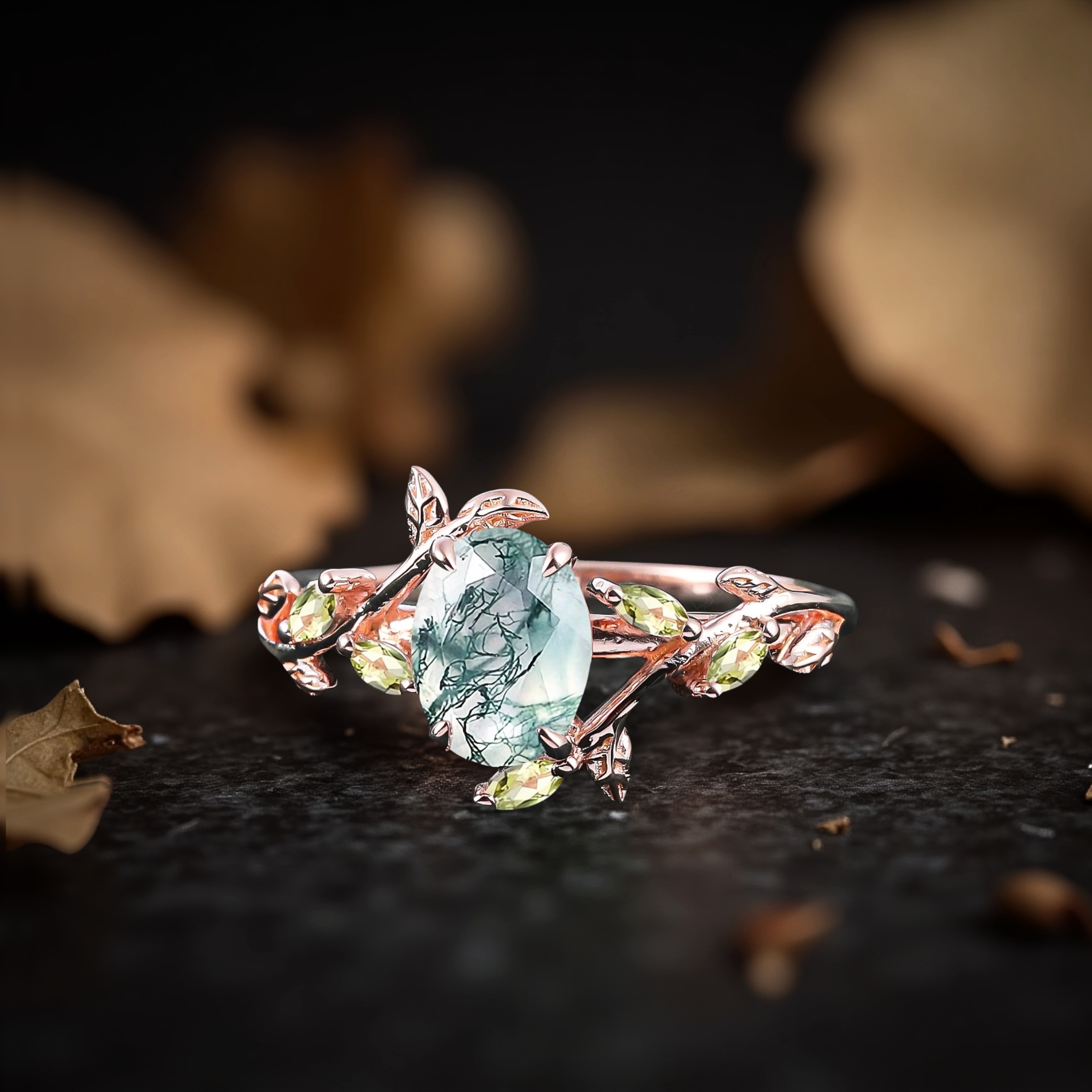 Natural Oval Moss Agate Engagement Ring, 14k Yellow Gold Nature Inspired Leaf Ring, Bridal Jewelry, Anniversary Gift For Women