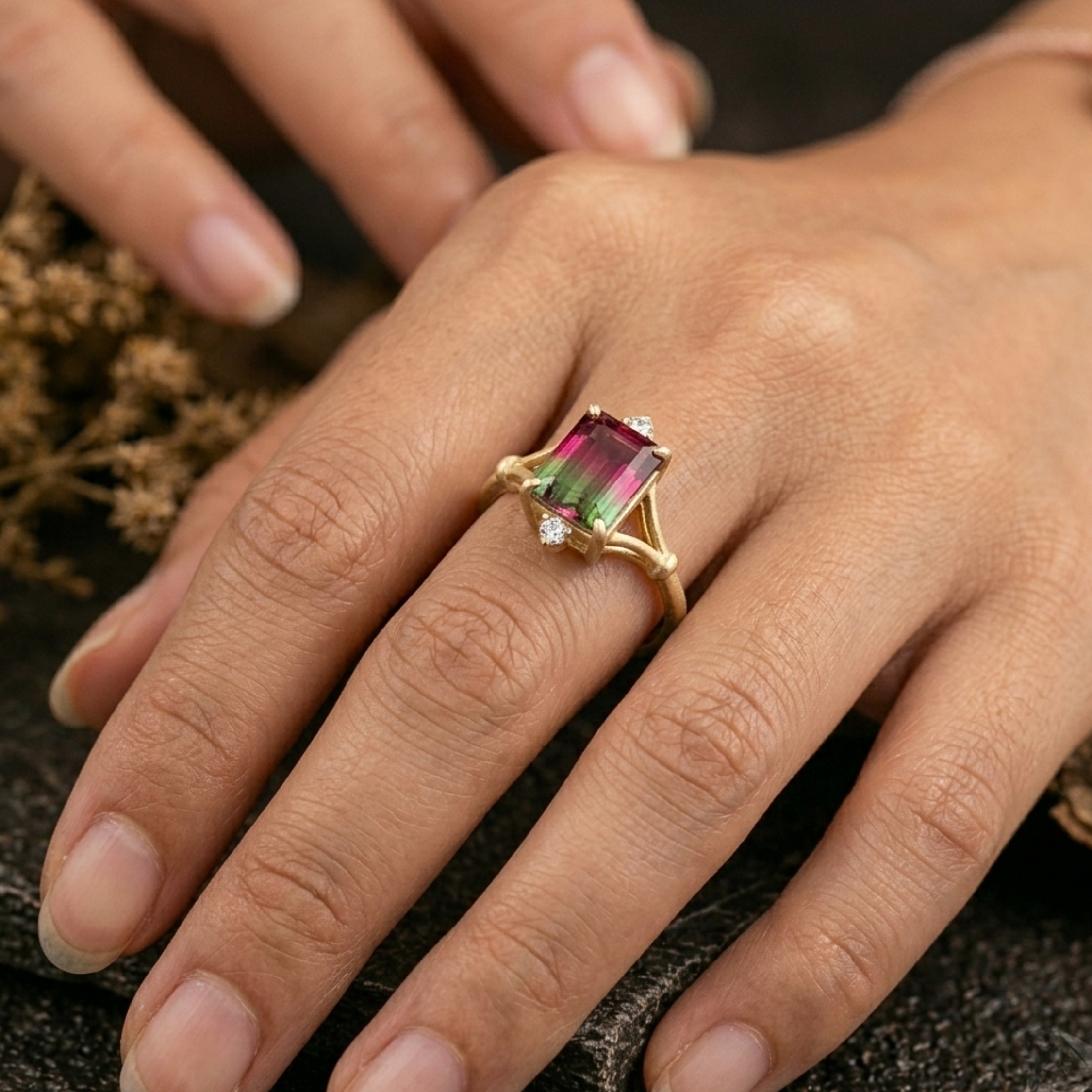Emerald Cut Watermelon Tourmaline Ring, Bi-Color Pink/Green Engagement Ring, Art Deco Minimalist Moissanite Wedding Ring, Anniversary Gift