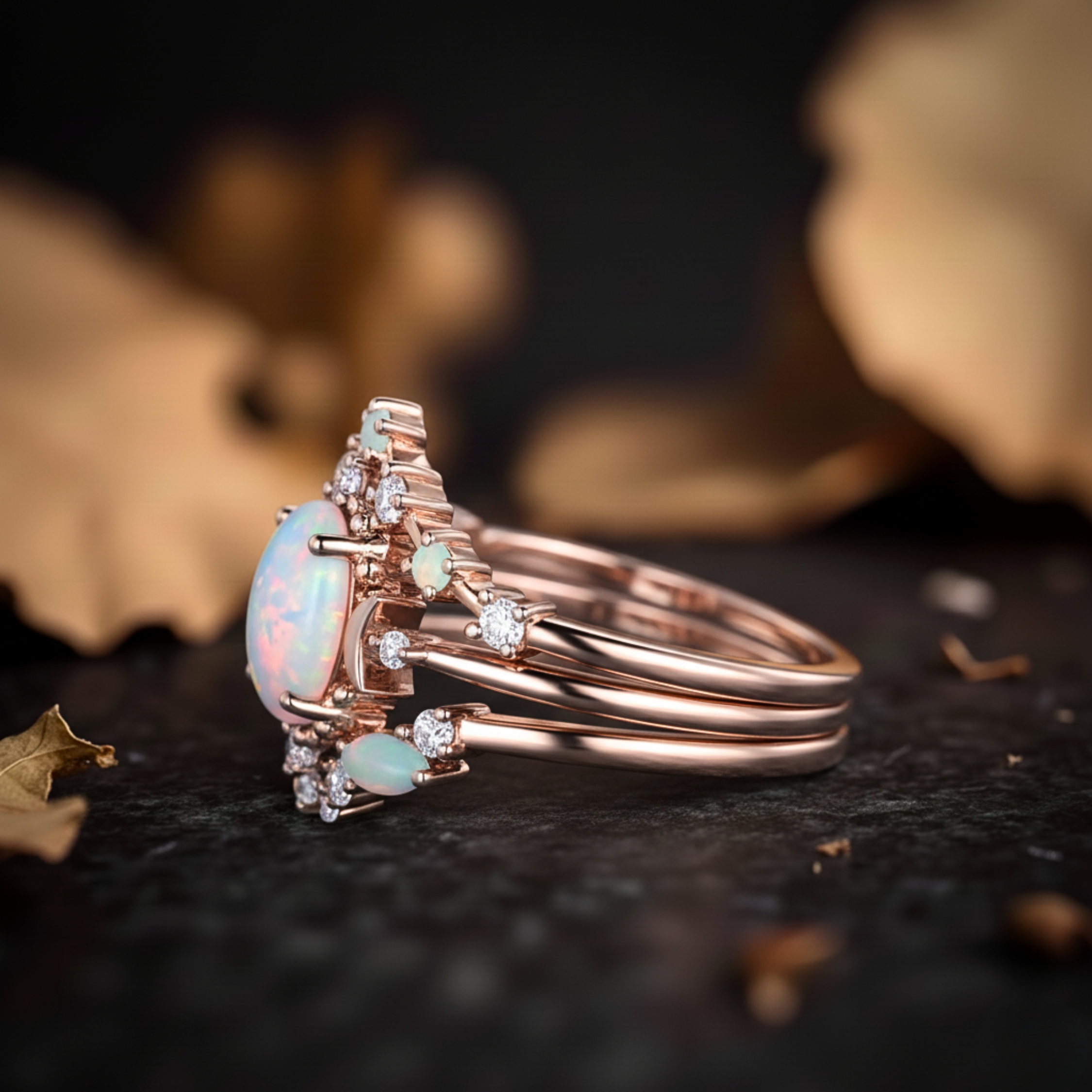 Opal Oval Cut Engagement Ring Set, Vintage Opal Wedding 3 Piece Ring, Woman Celestial Bridal Set Rose Gold Moon Ring Gift Personalized Gift