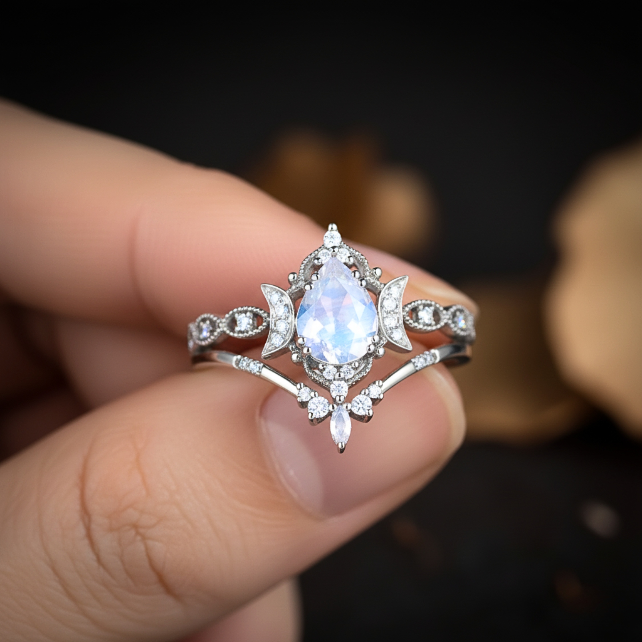 Vintage Vine Half Moon Pear Cut Moonstone Engagement Ring Unique Sterling Silver Floral Cluster Bridal Wedding Ring Set Promise Gift For Her