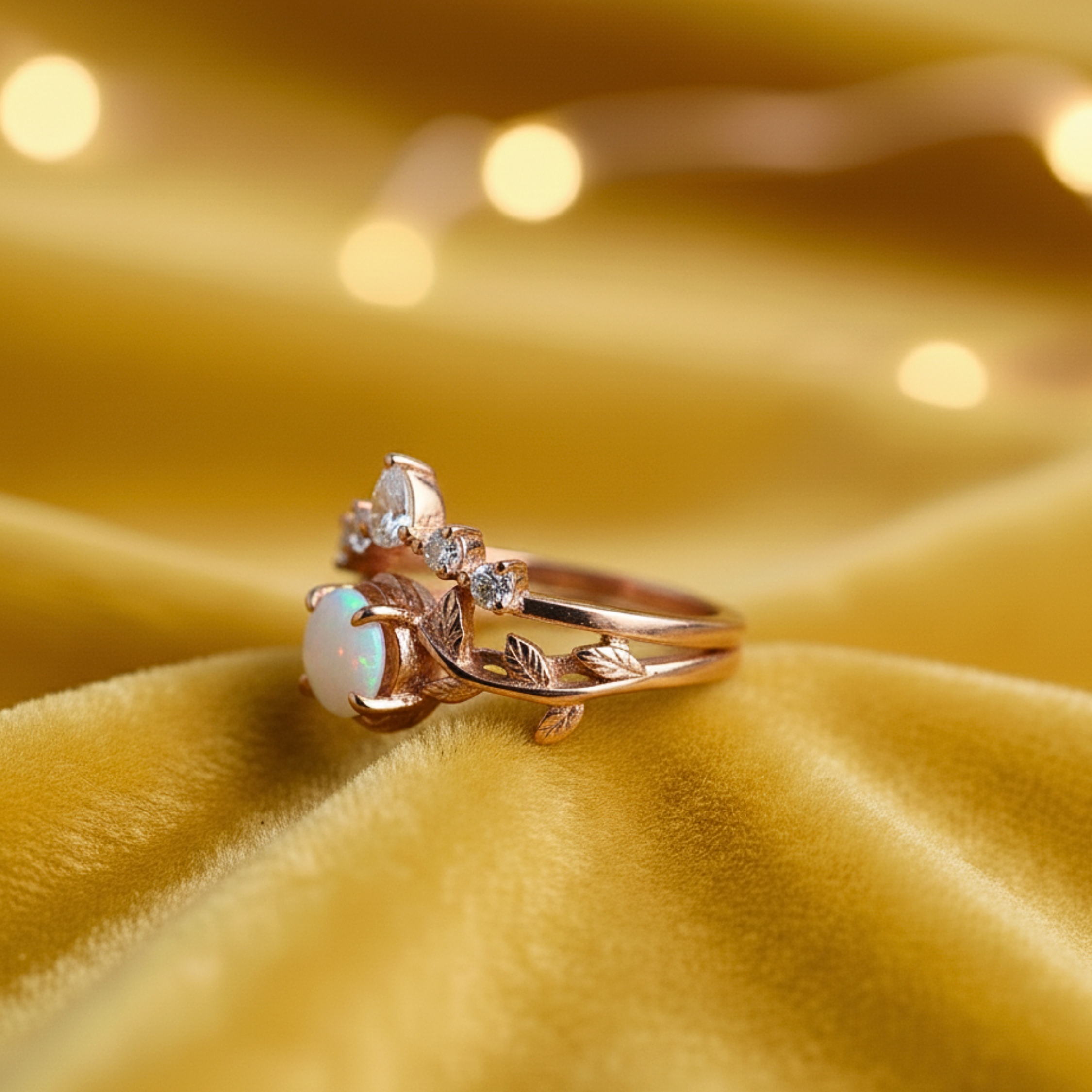 Vintage Opal Engagement Ring, 14K Rose Gold Round Opal Wedding Ring Set, Unique White Opal Promise Ring October Birthstone Ring Gift For Her