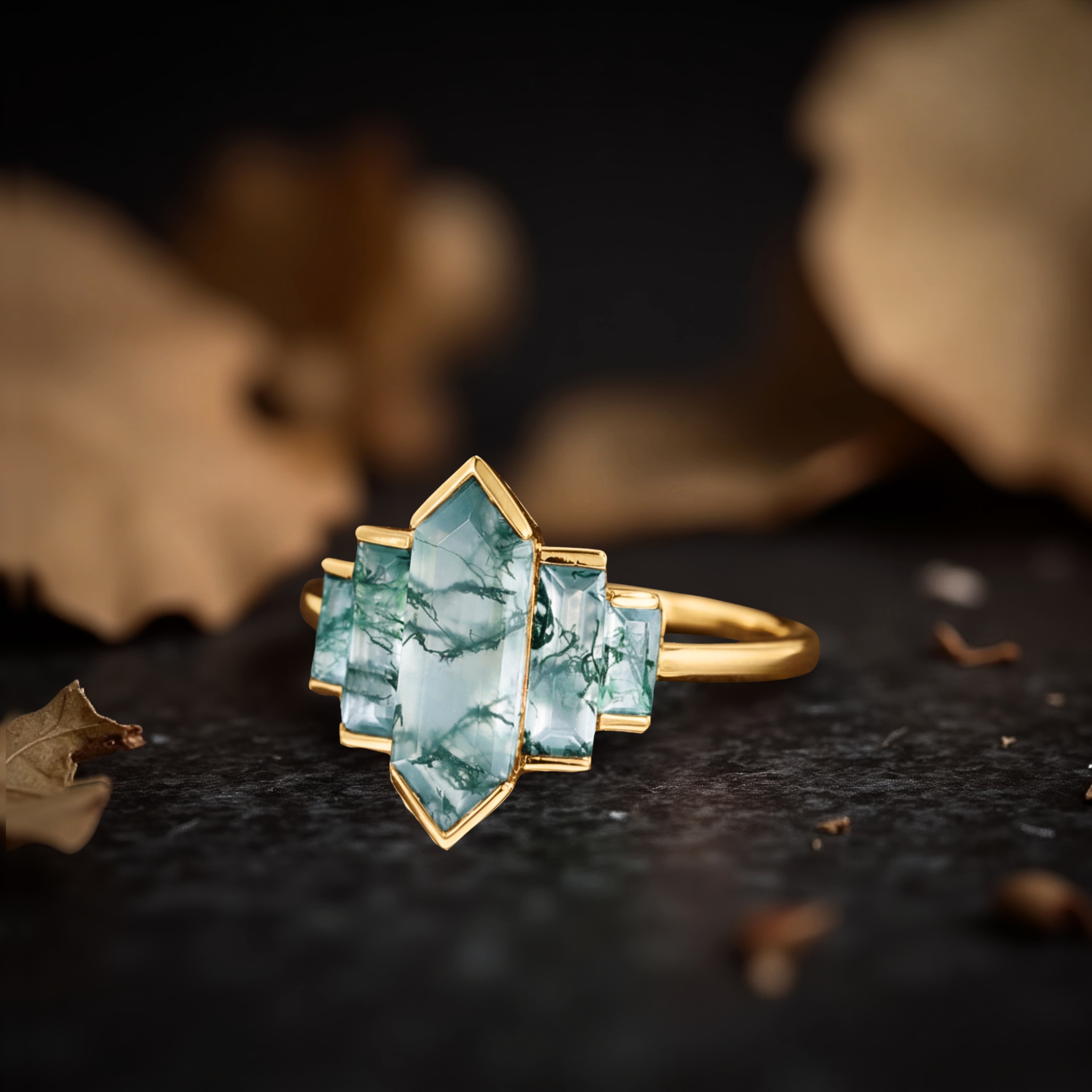 Vintage Long Hexagon Moss Agate Ring, 14K Solid Gold Green Gemstone Wedding Ring, Bridal Jewelrsign with crescent moon and diamond accents.