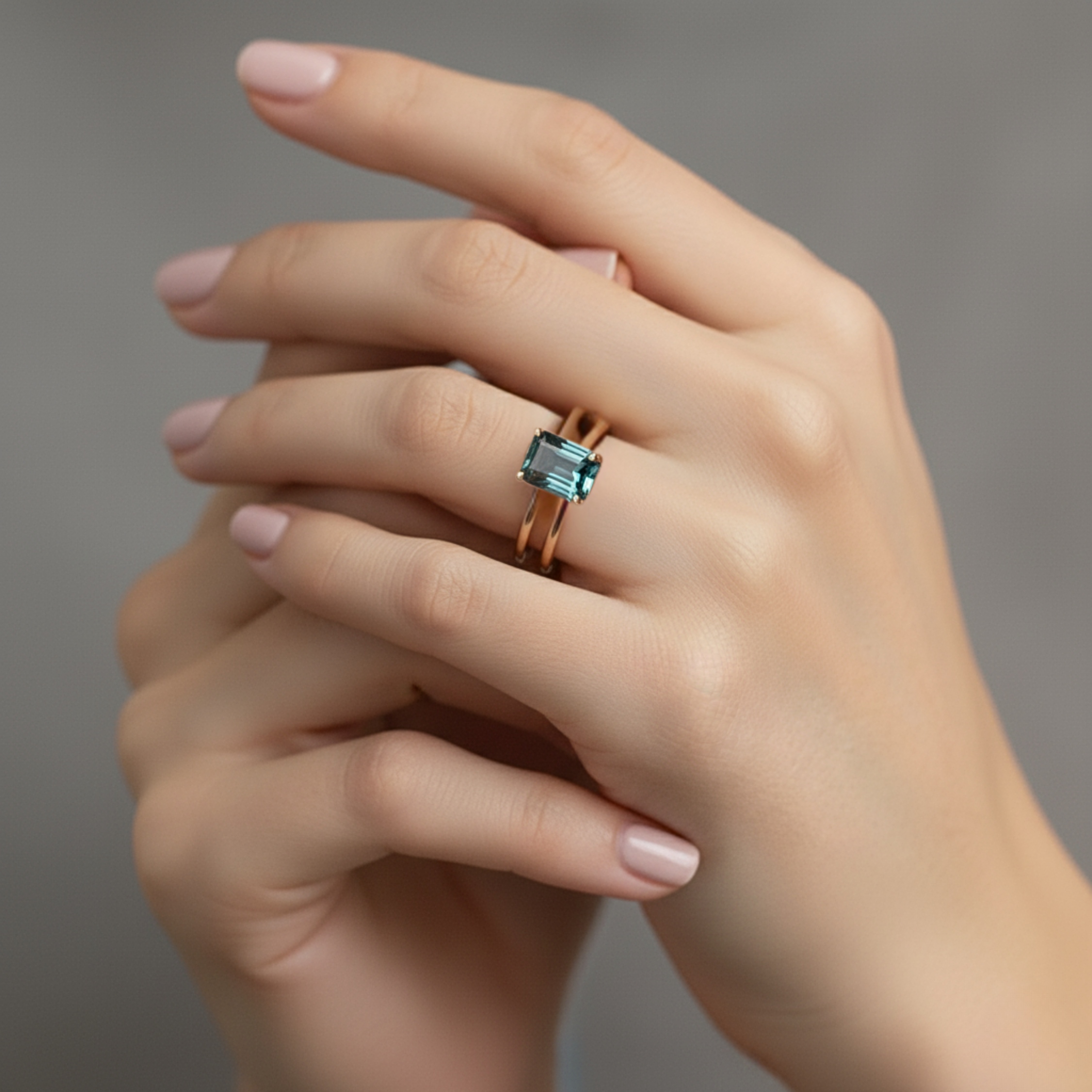 Unique Teal Sapphire Emerald Cut Engagement Ring, Vintage 14k Solid Gold Solitaire Double Band Bridal Wedding Ring, Art Deco Promise Ring