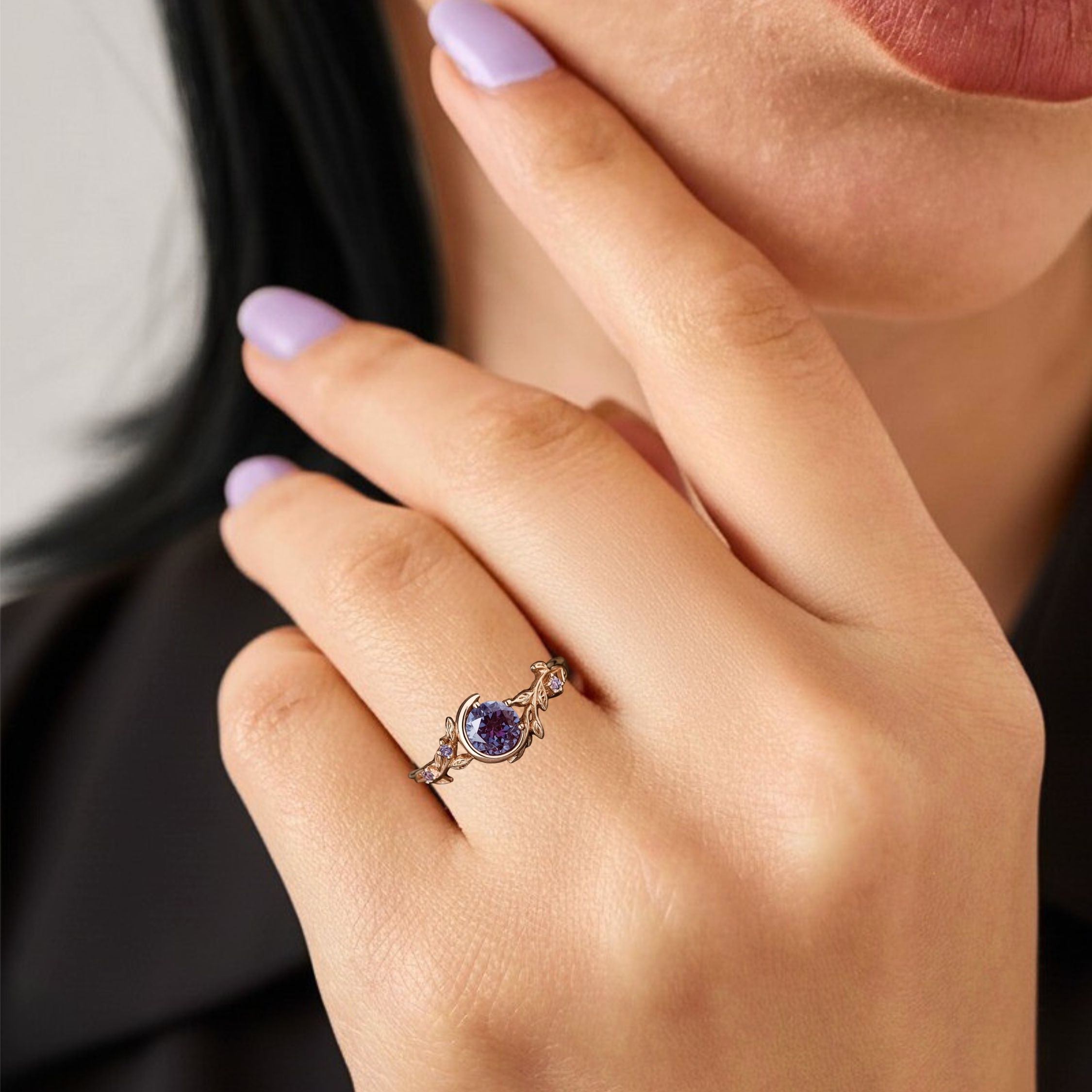 Unique Round Alexandrite Ring 14KRose Gold Twig Leaf Vine Crescent Moon Star Cluster Engagement Ring June Birthstone Purple Anniversary Gift
