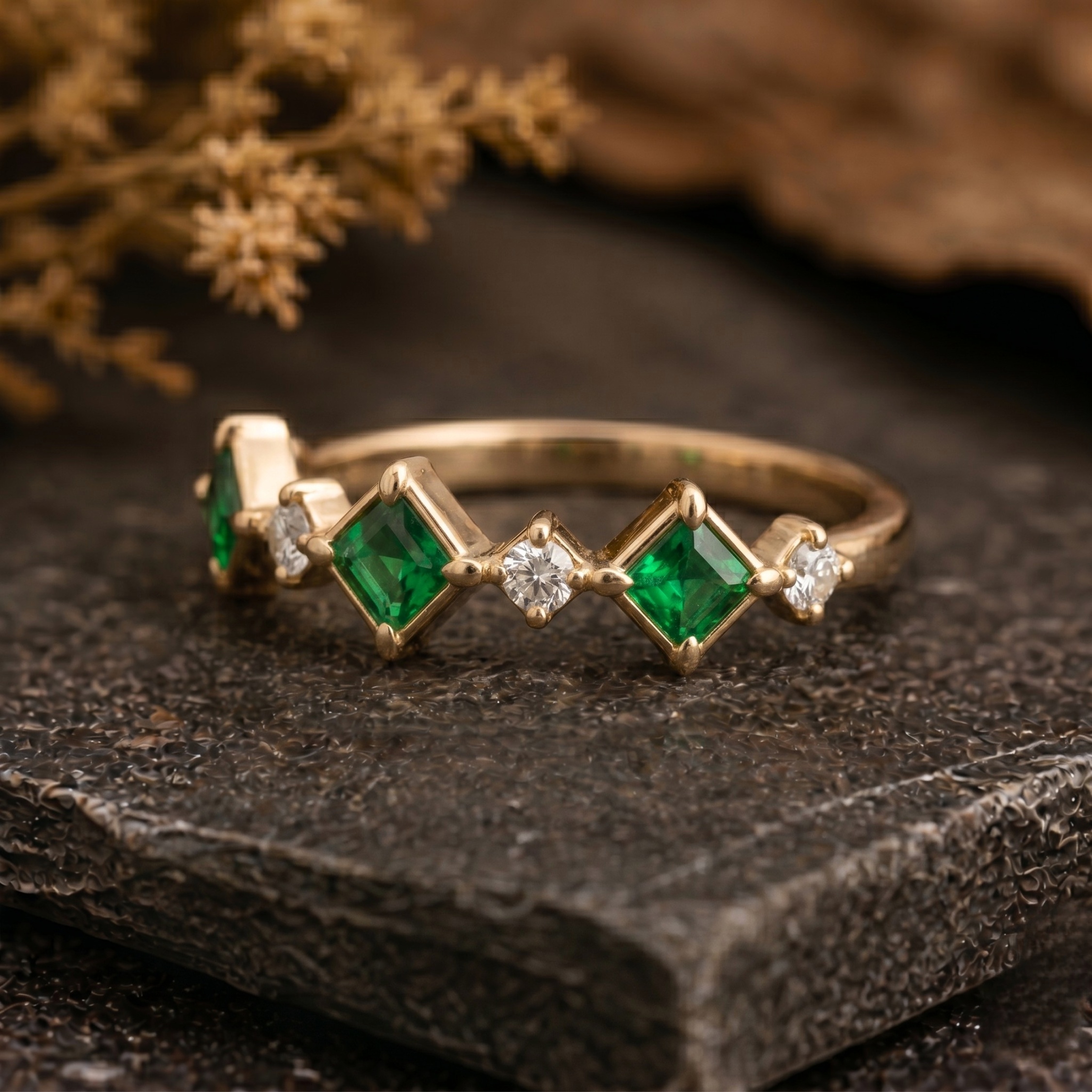 Unique Square Cut Emerald Moissanite Wedding Band/14k Yellow Gold Engagement Ring/Cluster Green Gemstone Matching Anniversary Promise Gift