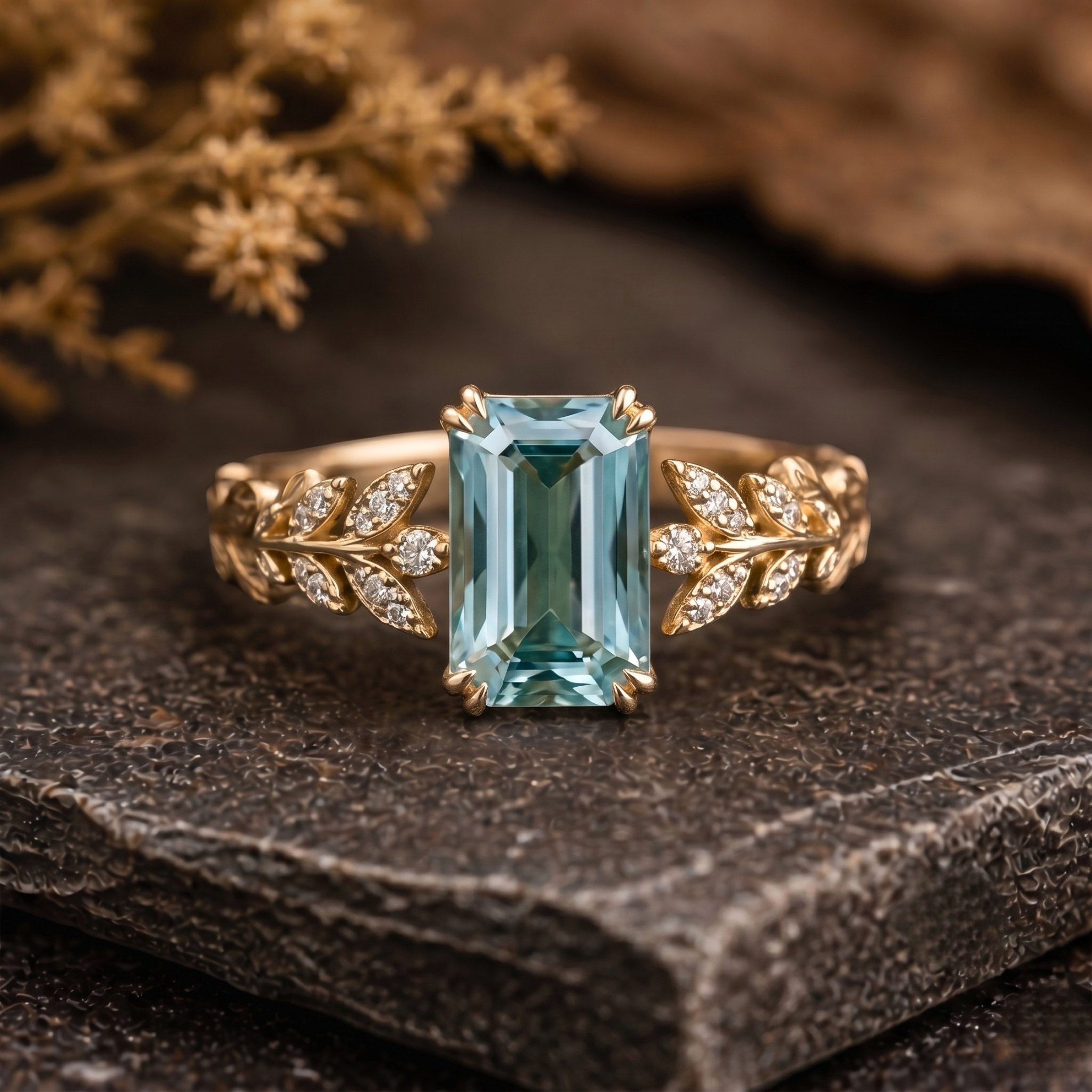 Emerald Cut Leaf Aquamarine Engagement Ring, Olive Branch Floral Thick Marriage Ring, Bridal Nature Inspired Leafy Ring For Women Vine Ring