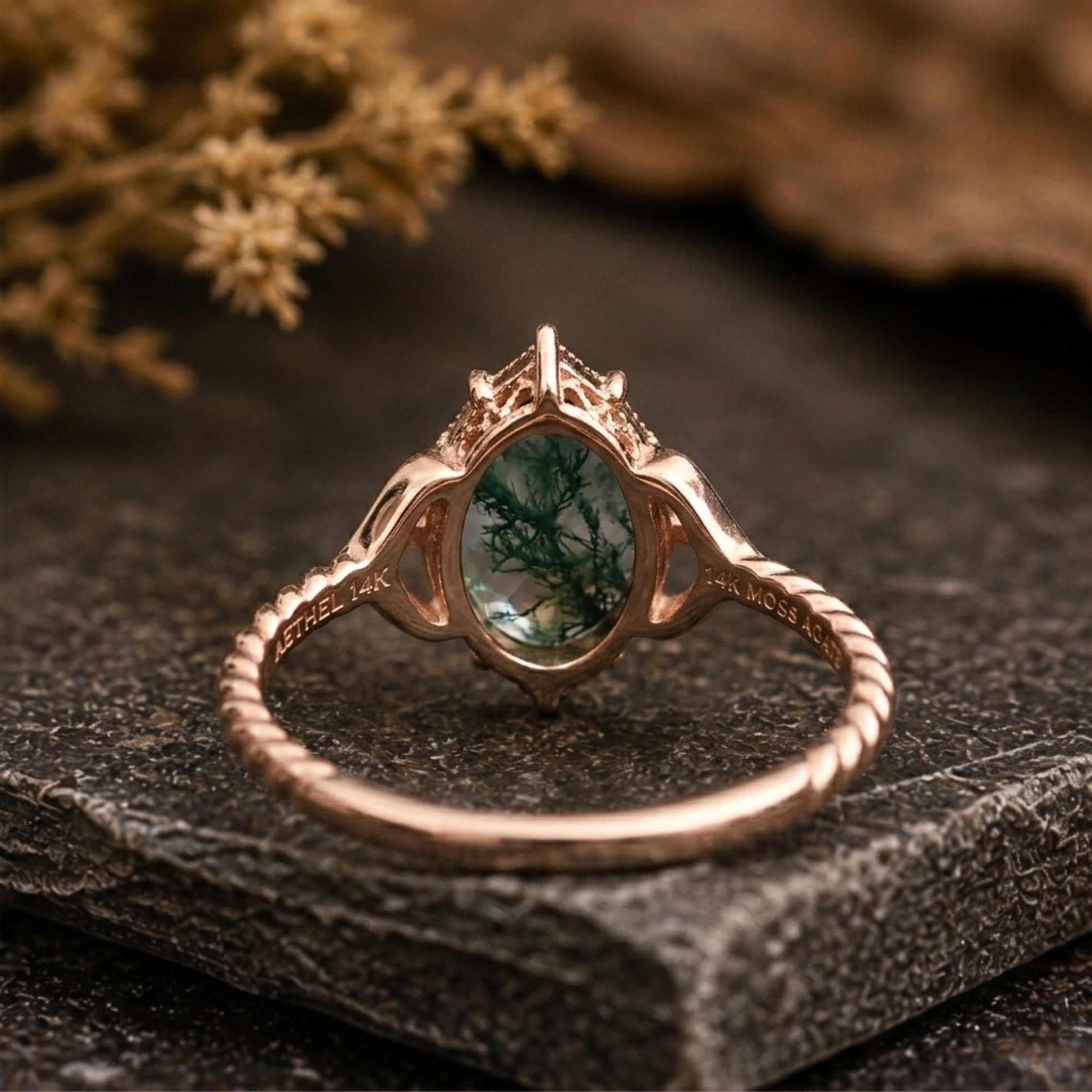 Art Deco Oval Moss Agate Engagement Ring, Vintage Style, Green Gemstone Bridal Anniversary Gift